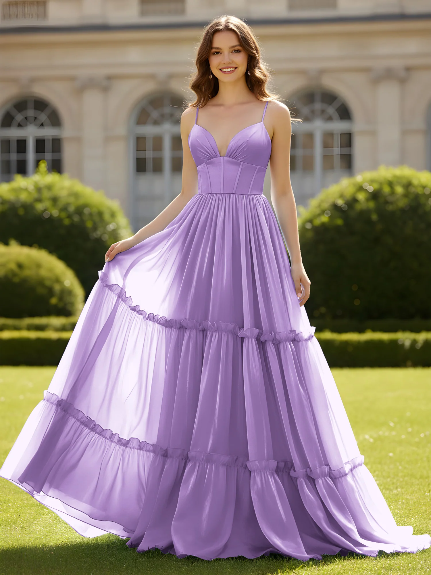 A-Line Spaghetti Straps V-neck Tiered Dress Tahiti
