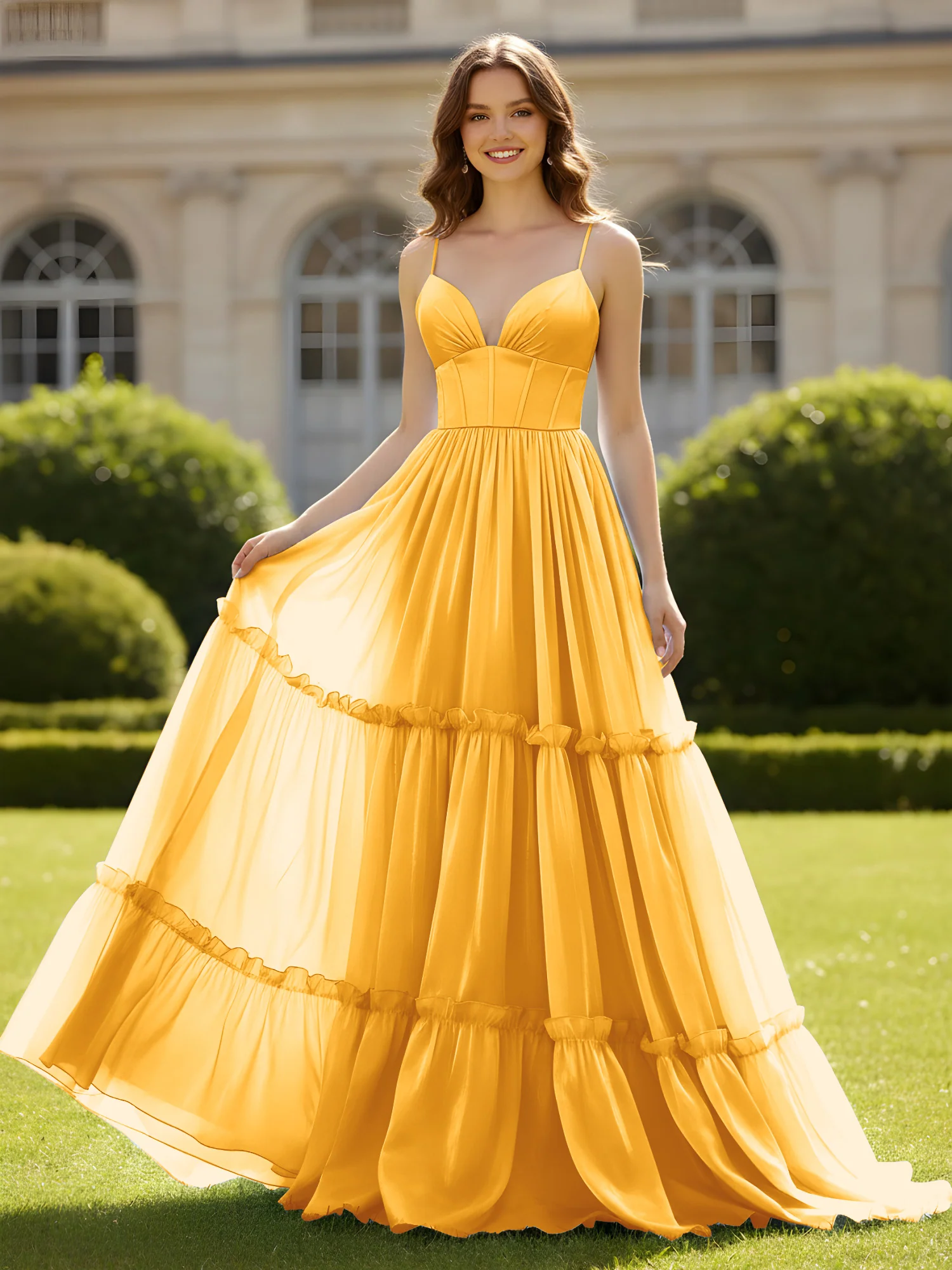 A-Line Spaghetti Straps V-neck Tiered Dress Tangerine