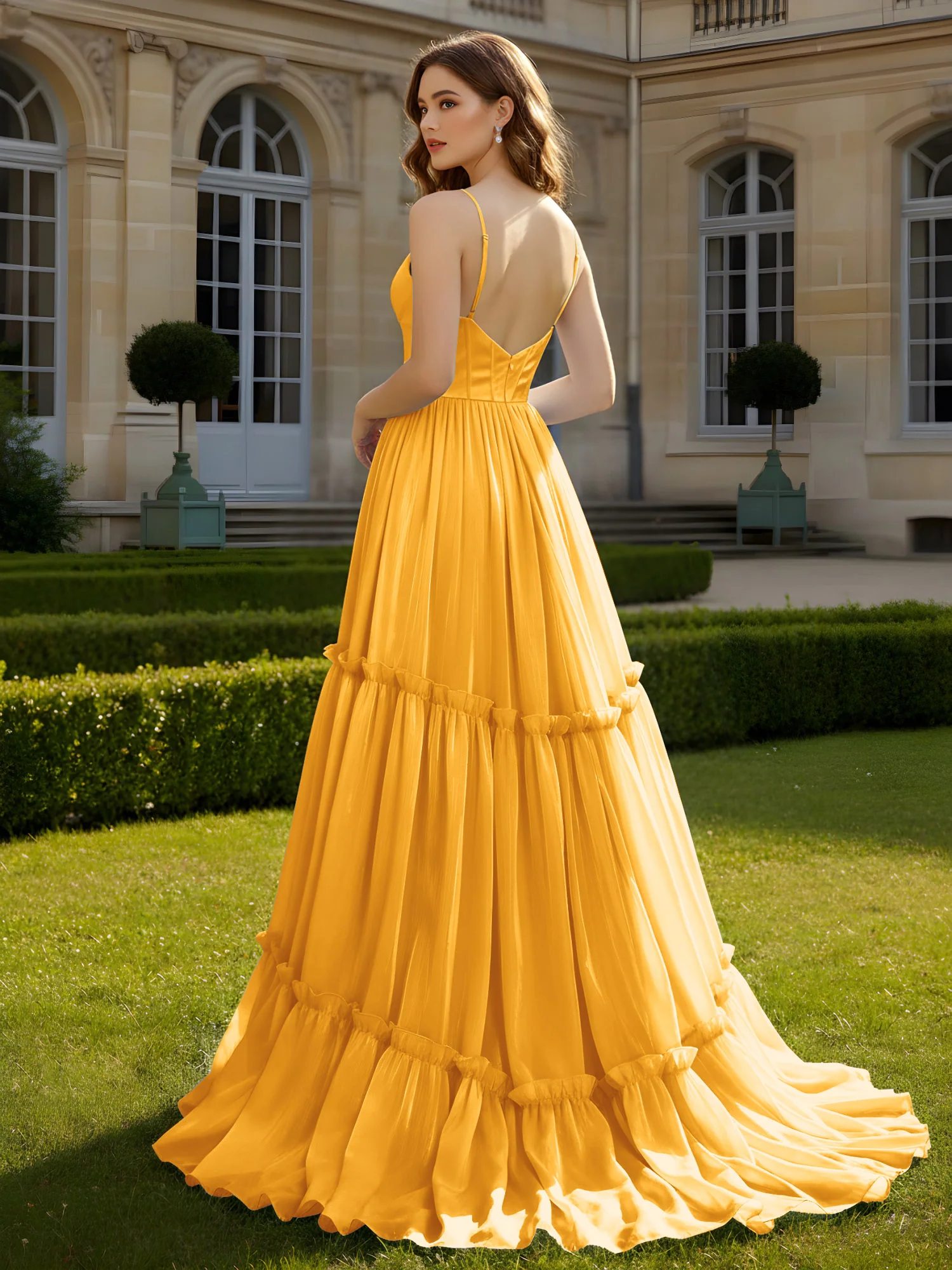 A-Line Spaghetti Straps V-neck Tiered Dress Tangerine - Image 2