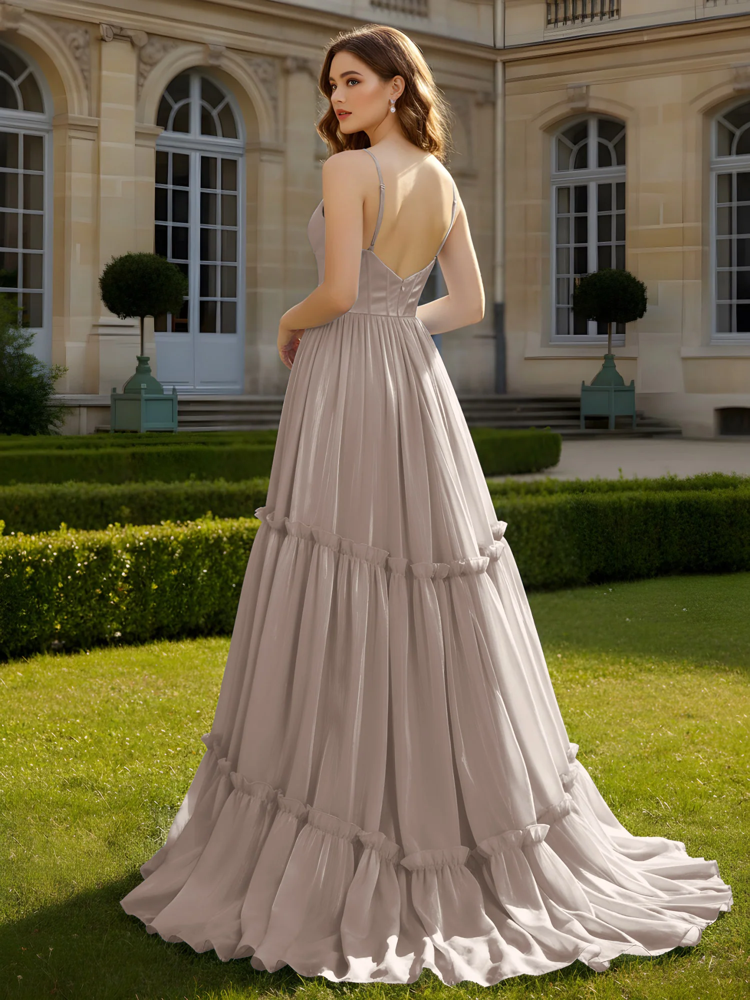 A-Line Spaghetti Straps V-neck Tiered Dress Taupe - Image 2