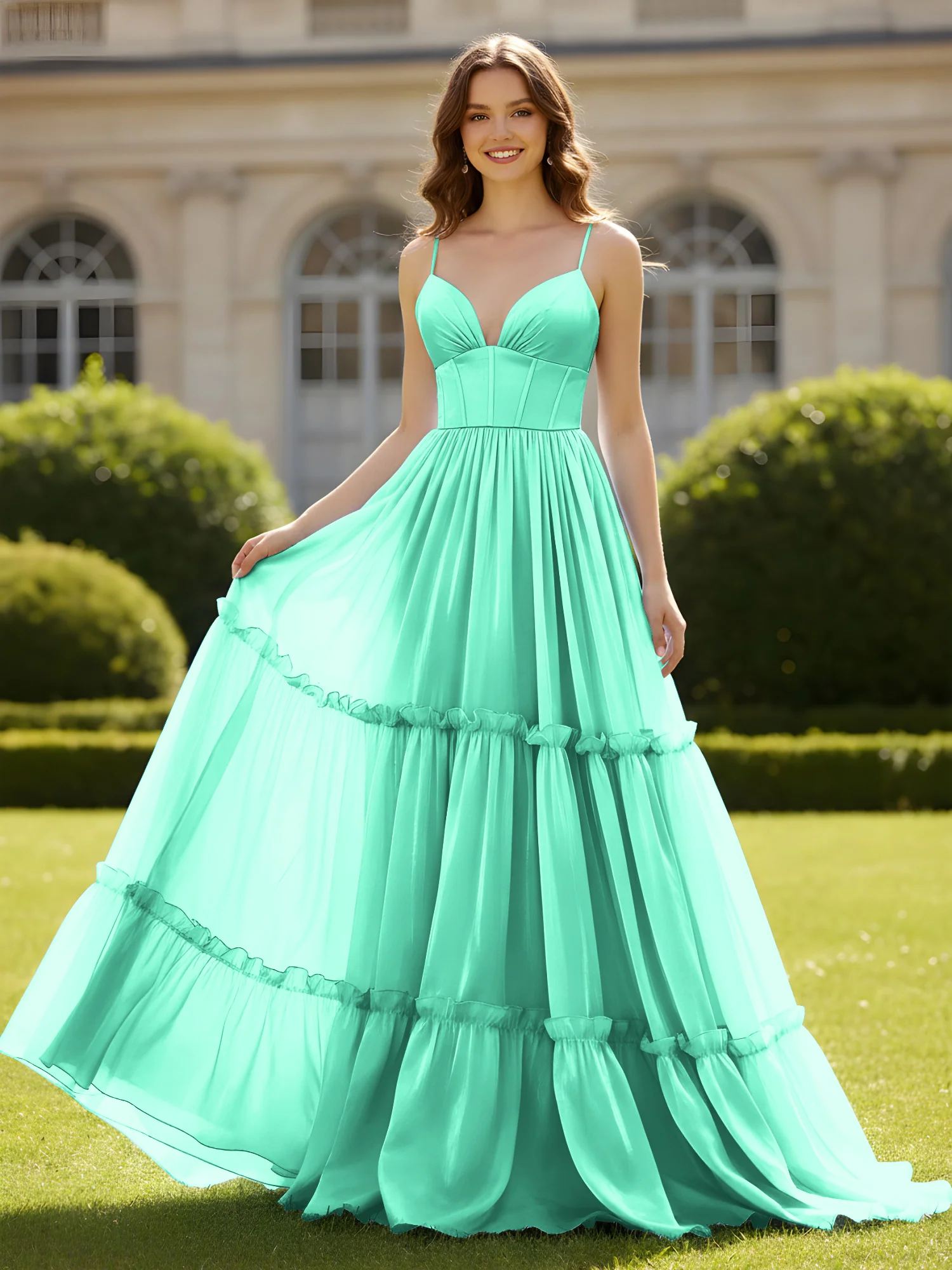 A-Line Spaghetti Straps V-neck Tiered Dress Turquoise