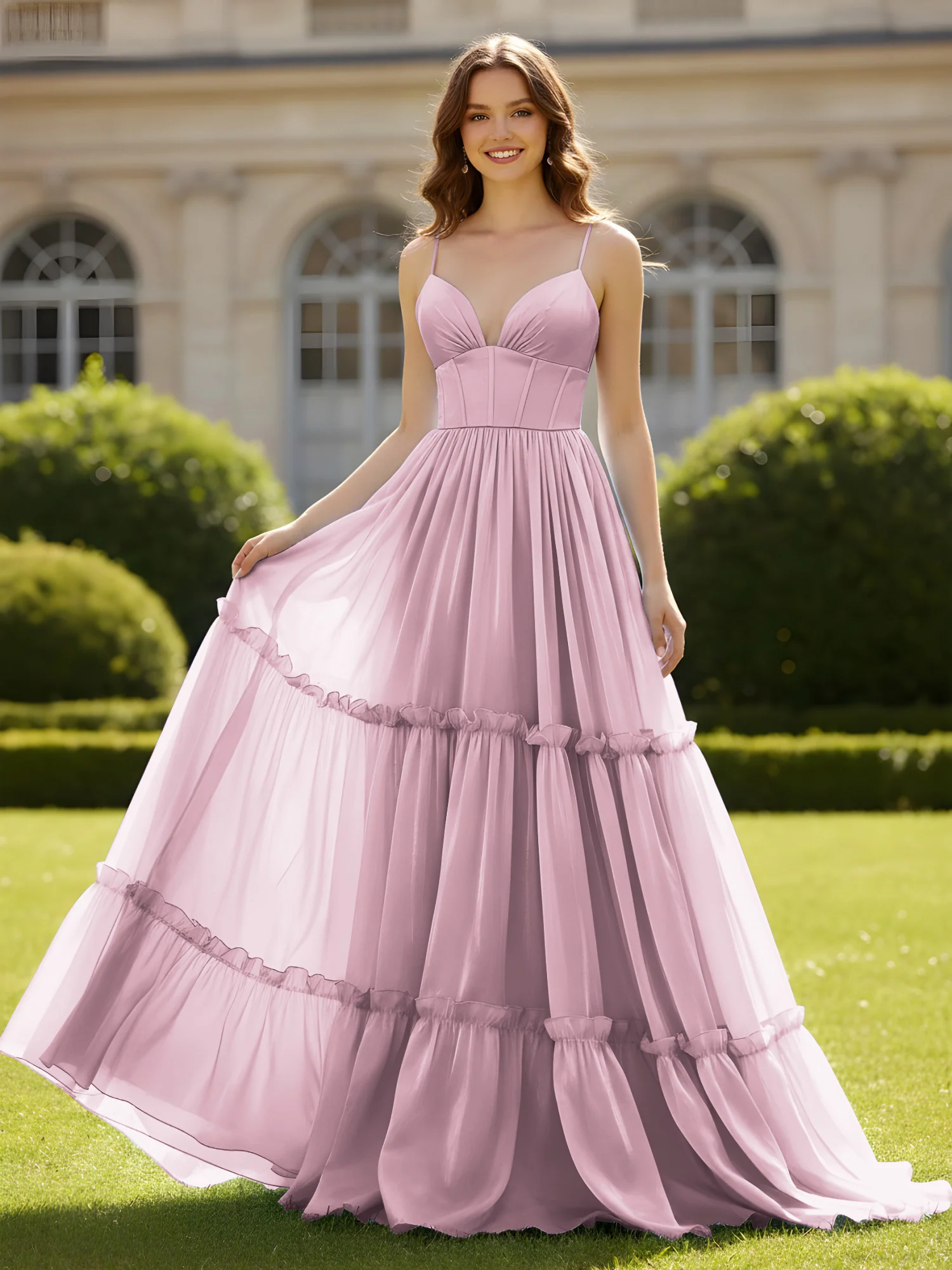 A-Line Spaghetti Straps V-neck Tiered Dress Vintage Mauve