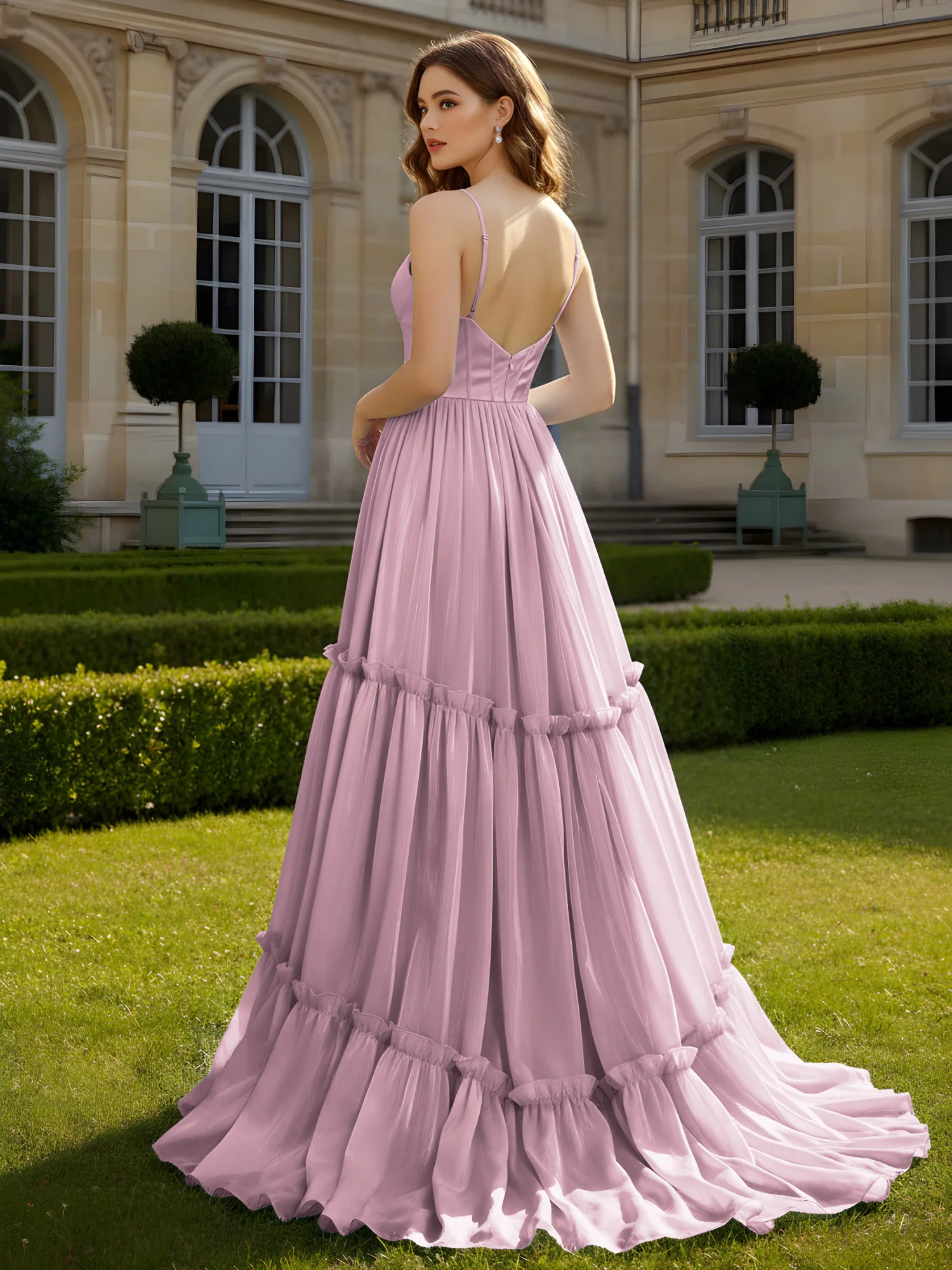 A-Line Spaghetti Straps V-neck Tiered Dress Vintage Mauve - Image 2