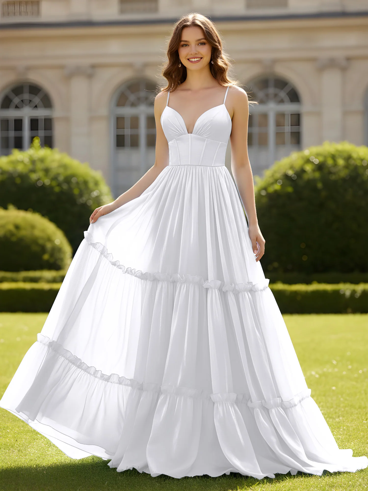 A-Line Spaghetti Straps V-neck Tiered Dress White