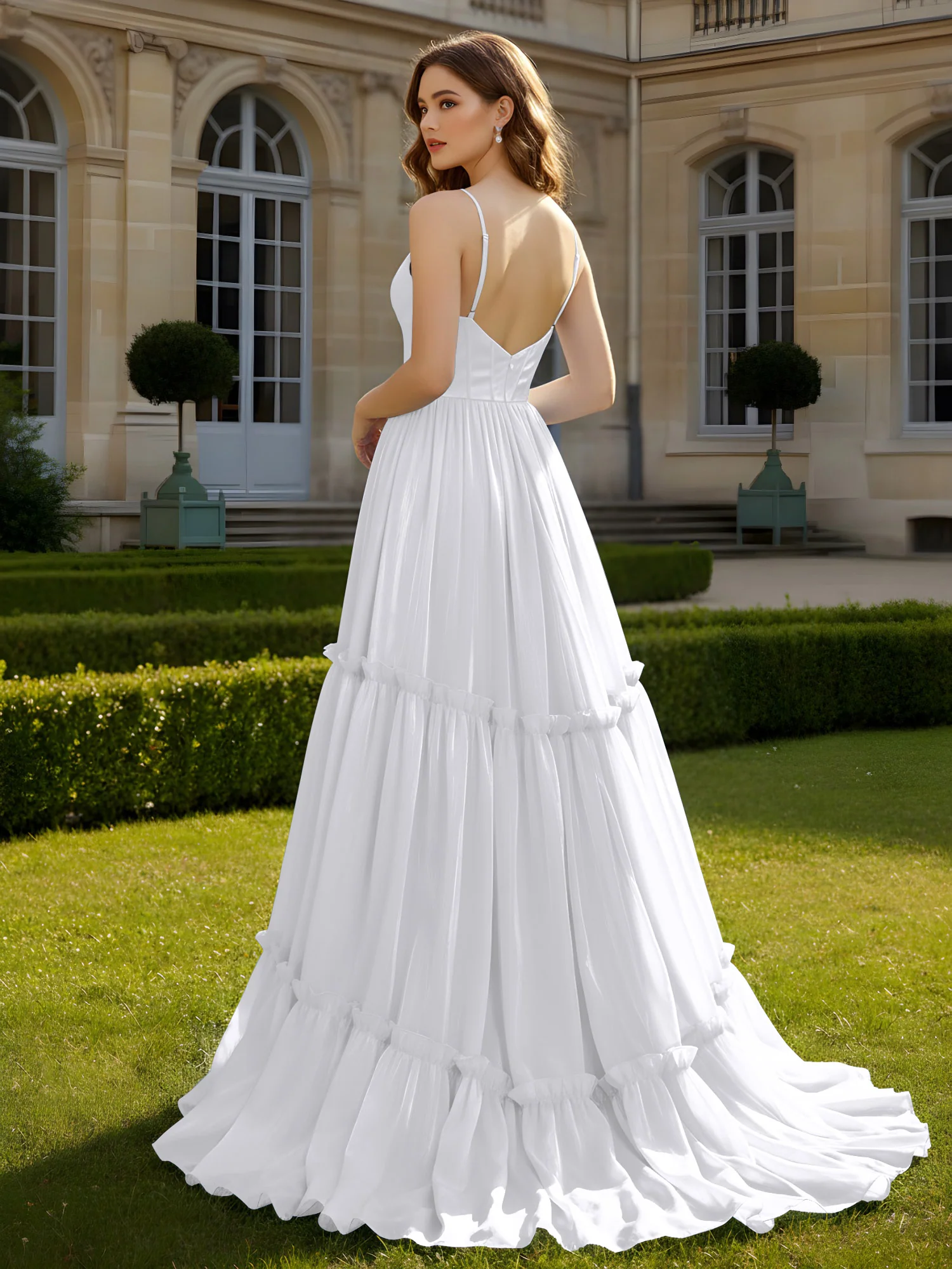A-Line Spaghetti Straps V-neck Tiered Dress White - Image 2