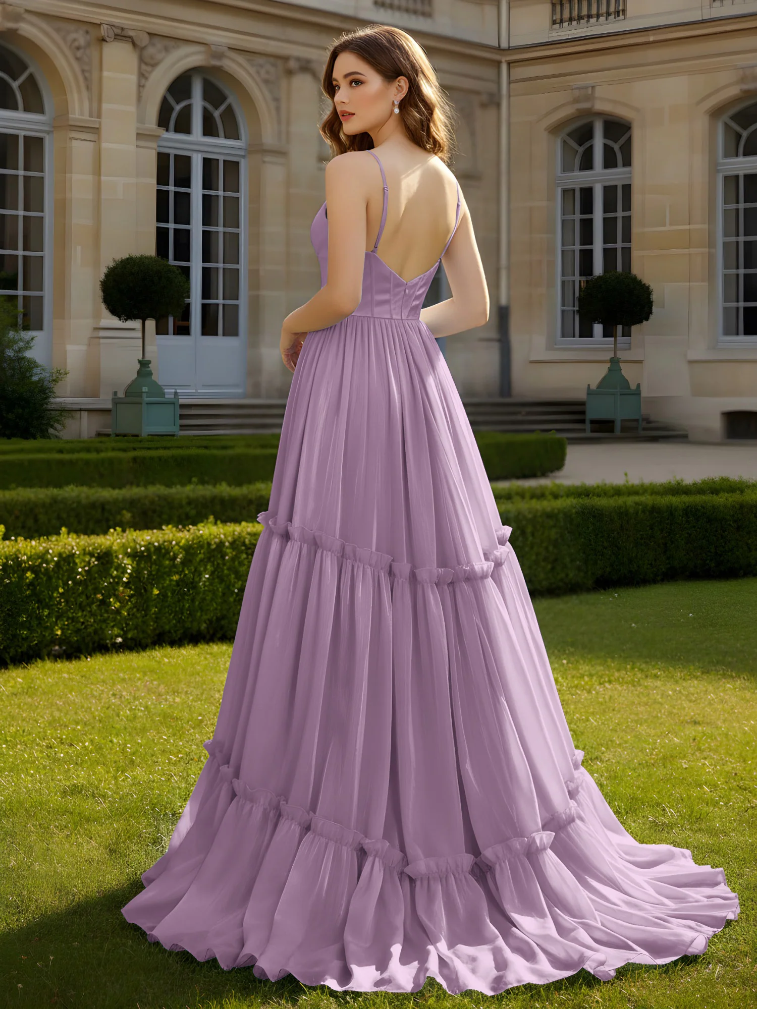 A-Line Spaghetti Straps V-neck Tiered Dress Wisteria - Image 2