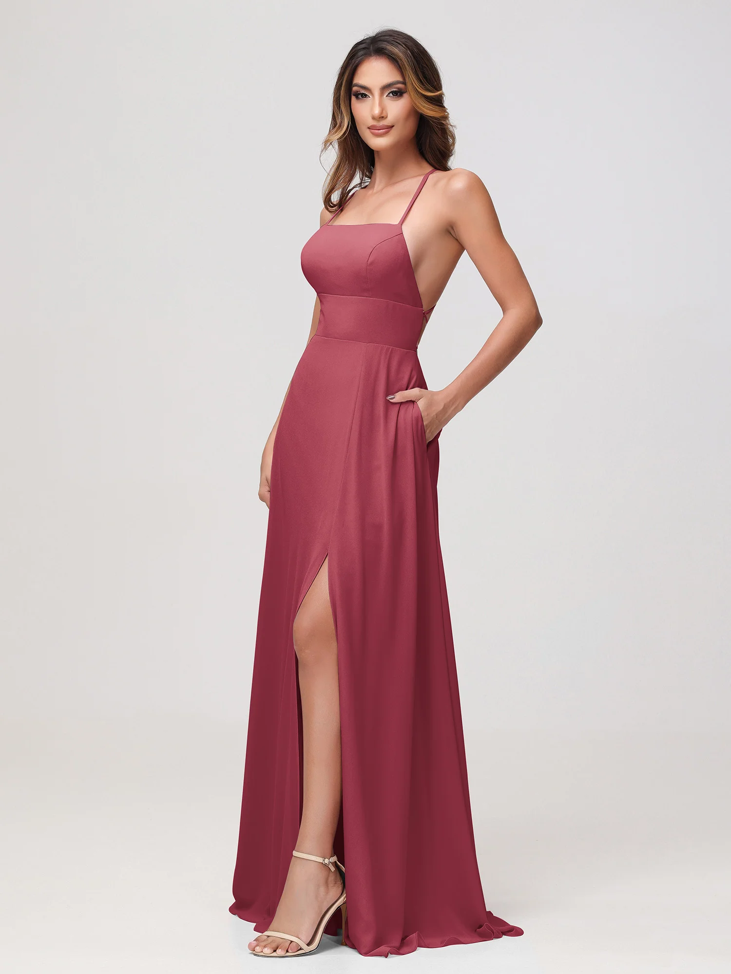 A-Line Square Chiffon Dress With Slit Cinnamon Rose - Image 3