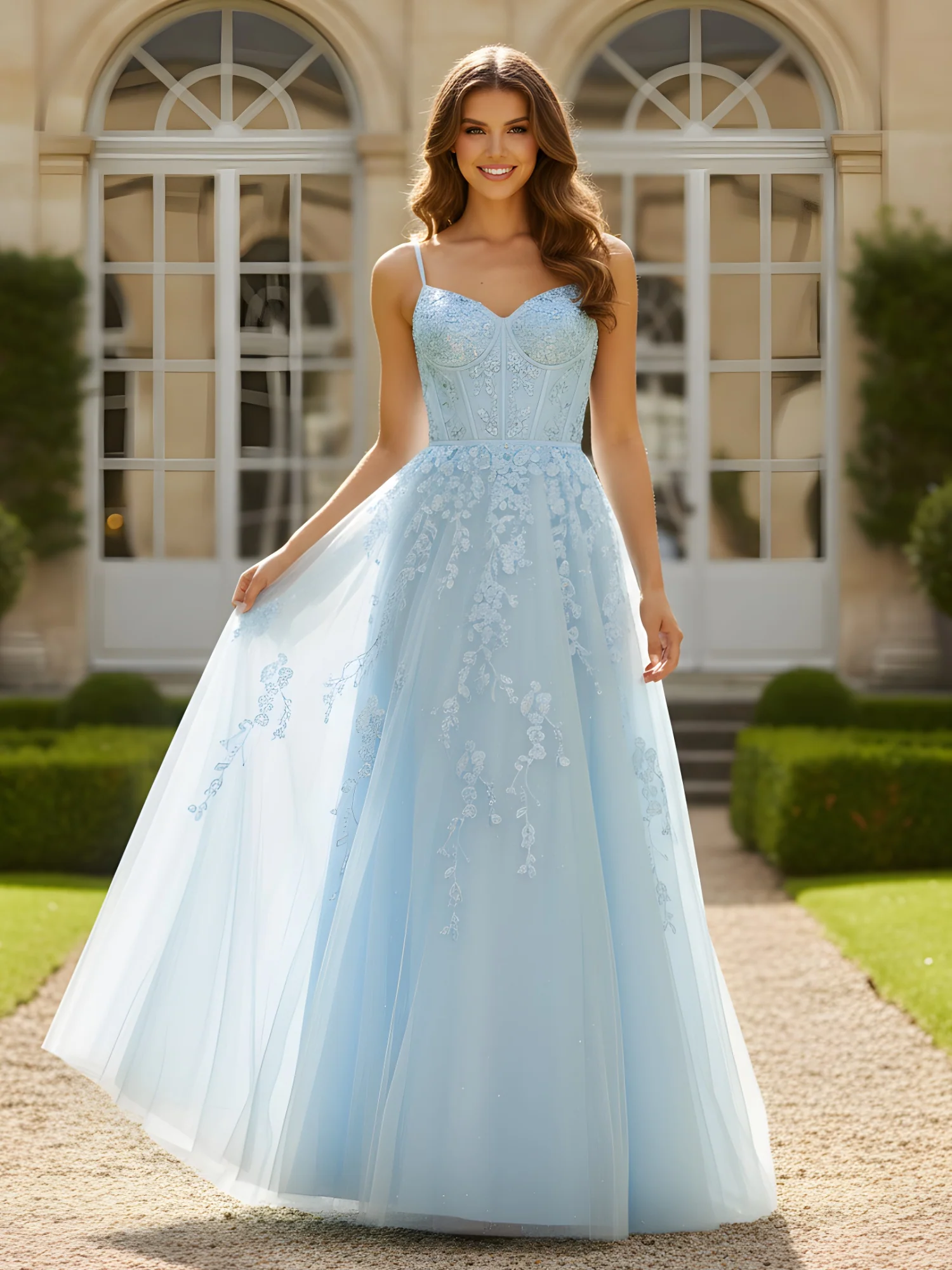 A-Line Sweetheart Corset Applique Tulle Dress Sky Blue