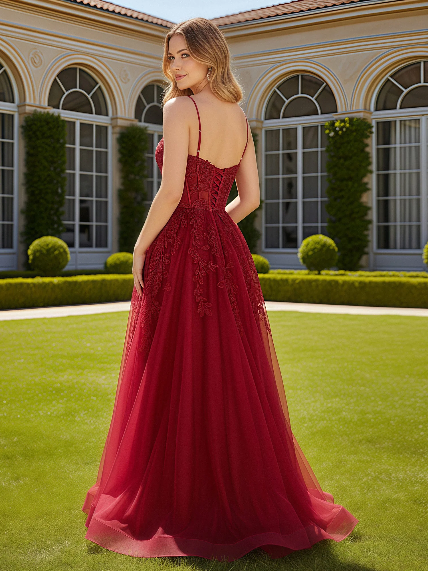 A-Line Sweetheart Neck Applique Tulle Dress With Slit Burgundy - Image 2