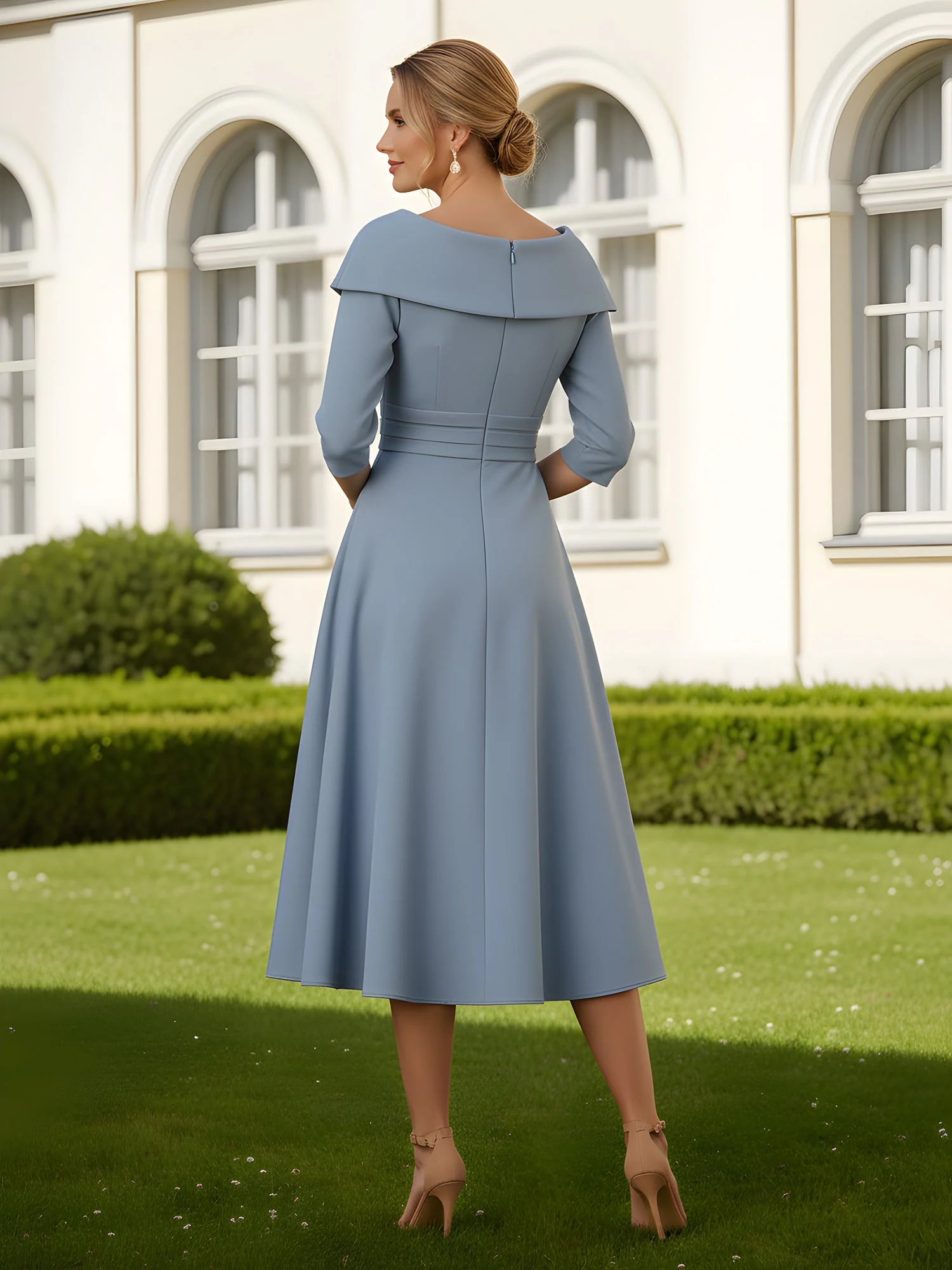 A-Line Sweetheart Neck Pleated Tea-Length Dress Ink Blue - Image 2