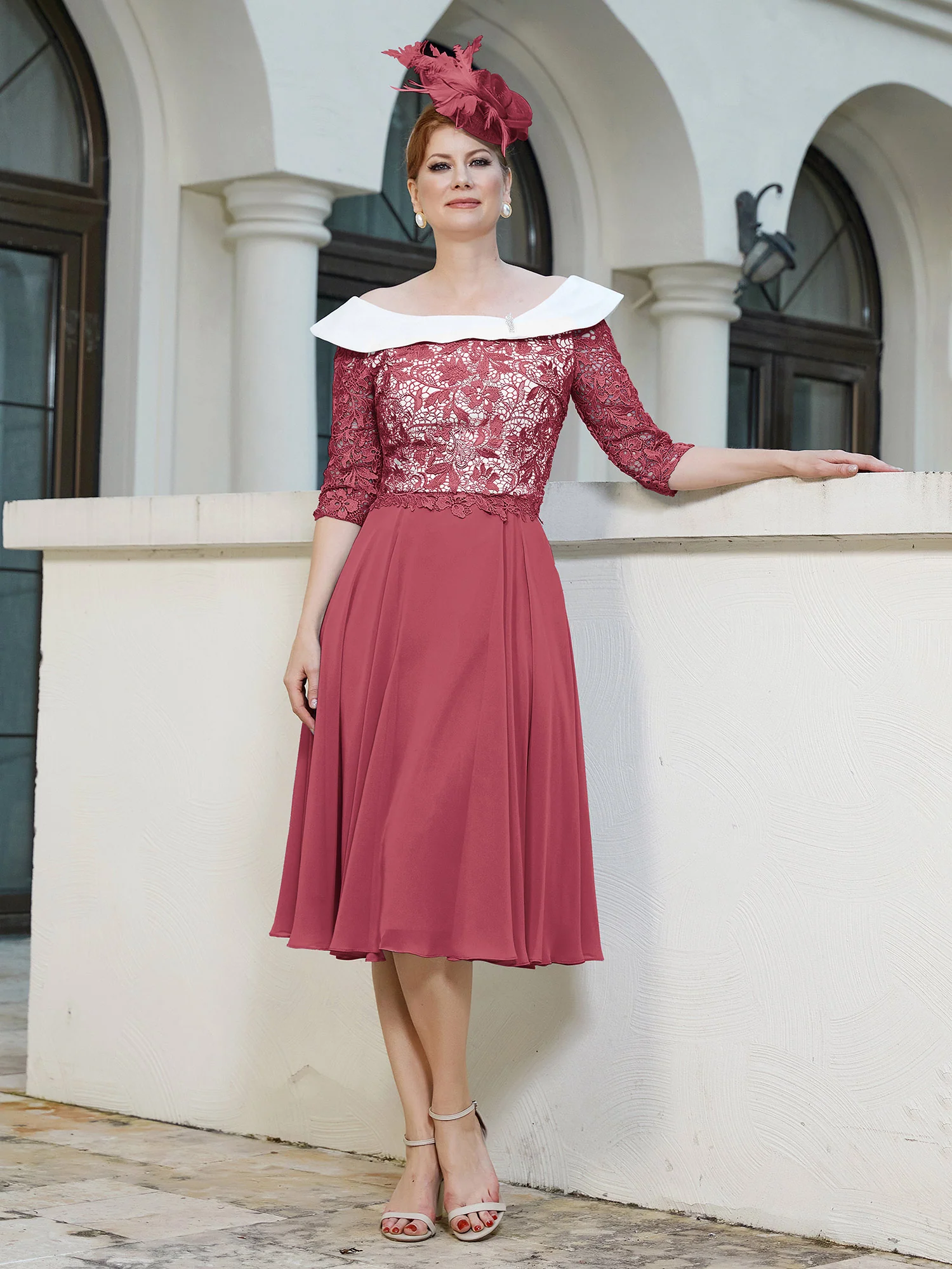A-line Tea-length Chiffon Dress Cinnamon Rose