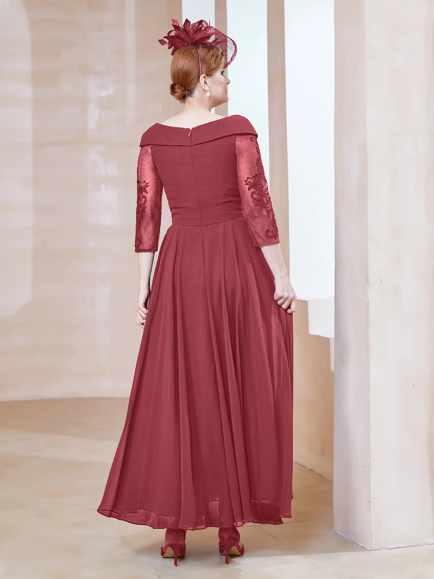 A-line V-neck Appliqued Chiffon Dress Cinnamon Rose - Image 2