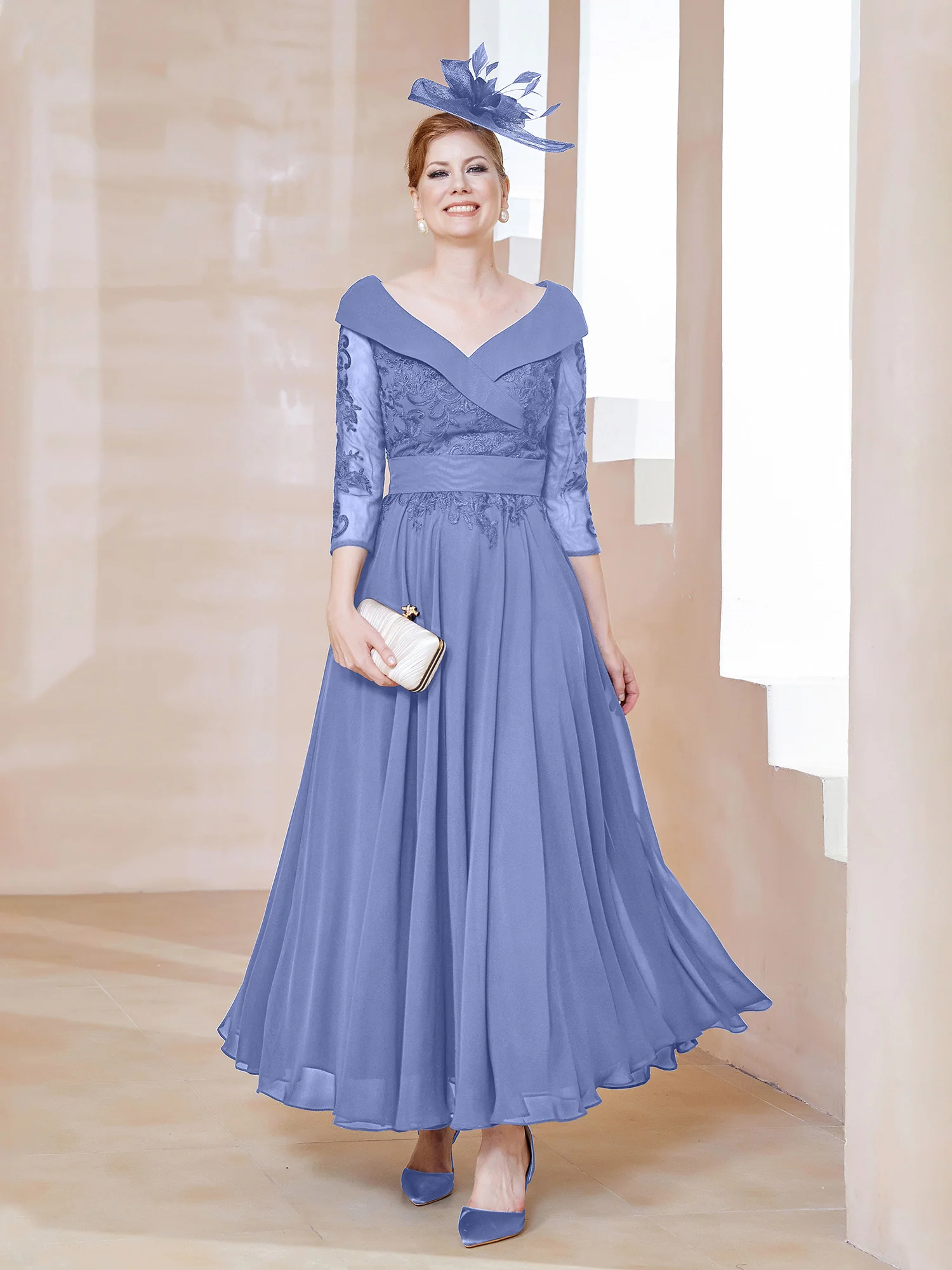 A-line V-neck Appliqued Chiffon Dress Periwinkle