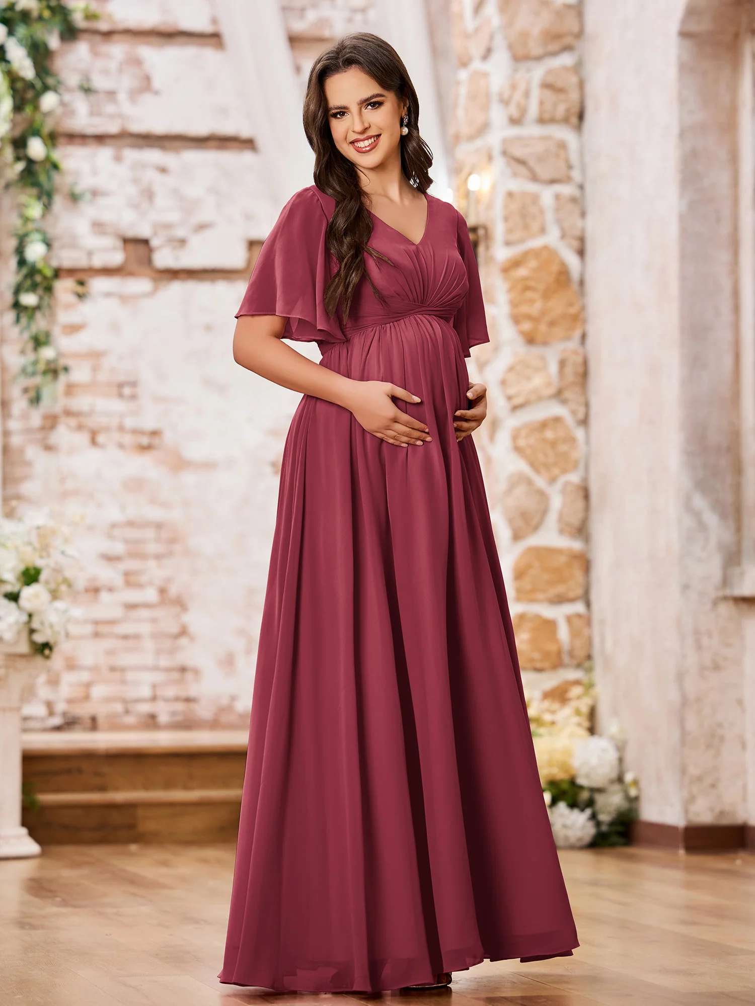 A-line V-neck Cap Sleeves Empire Chiffon Maxi Dresses Cinnamon Rose - Image 3