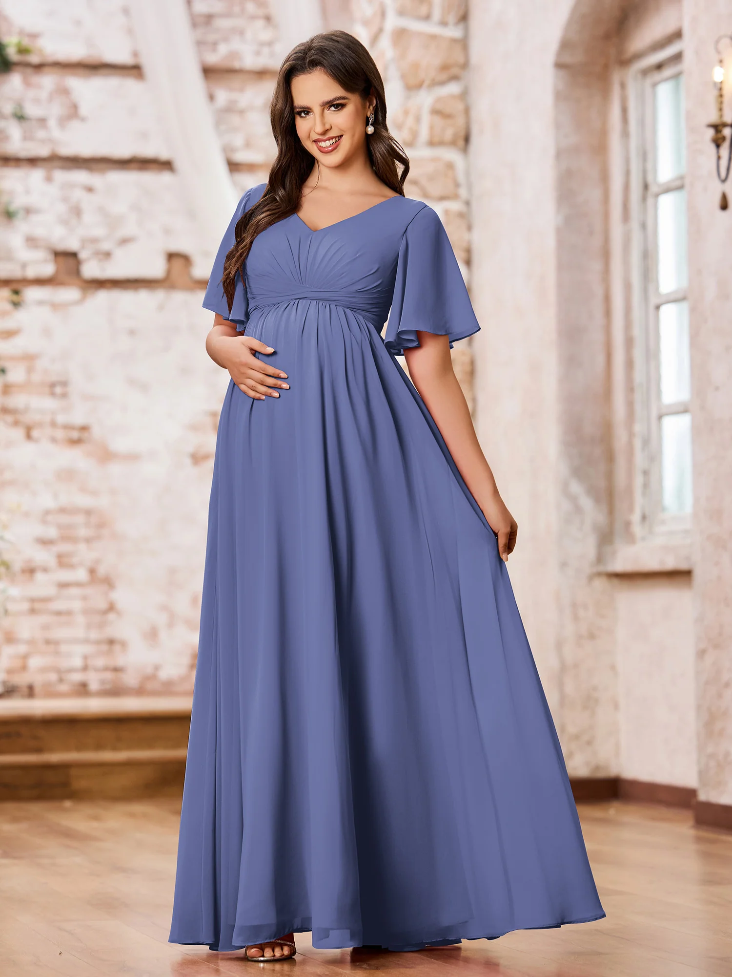 A-line V-neck Cap Sleeves Empire Chiffon Maxi Dresses Periwinkle