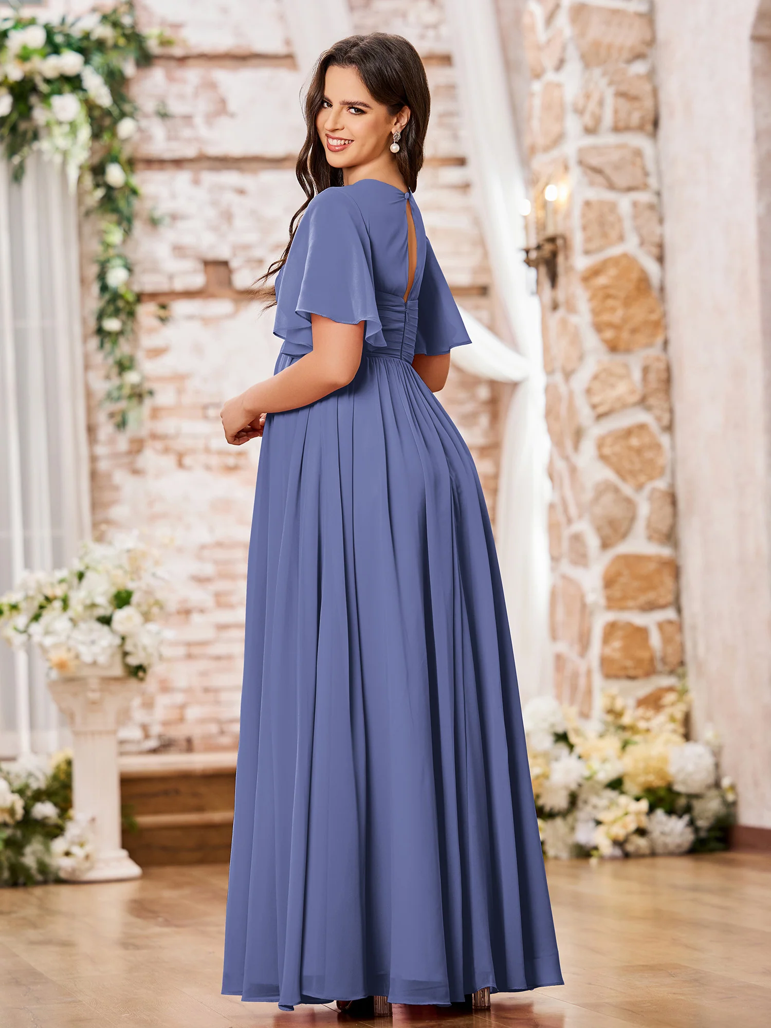 A-line V-neck Cap Sleeves Empire Chiffon Maxi Dresses Periwinkle - Image 2