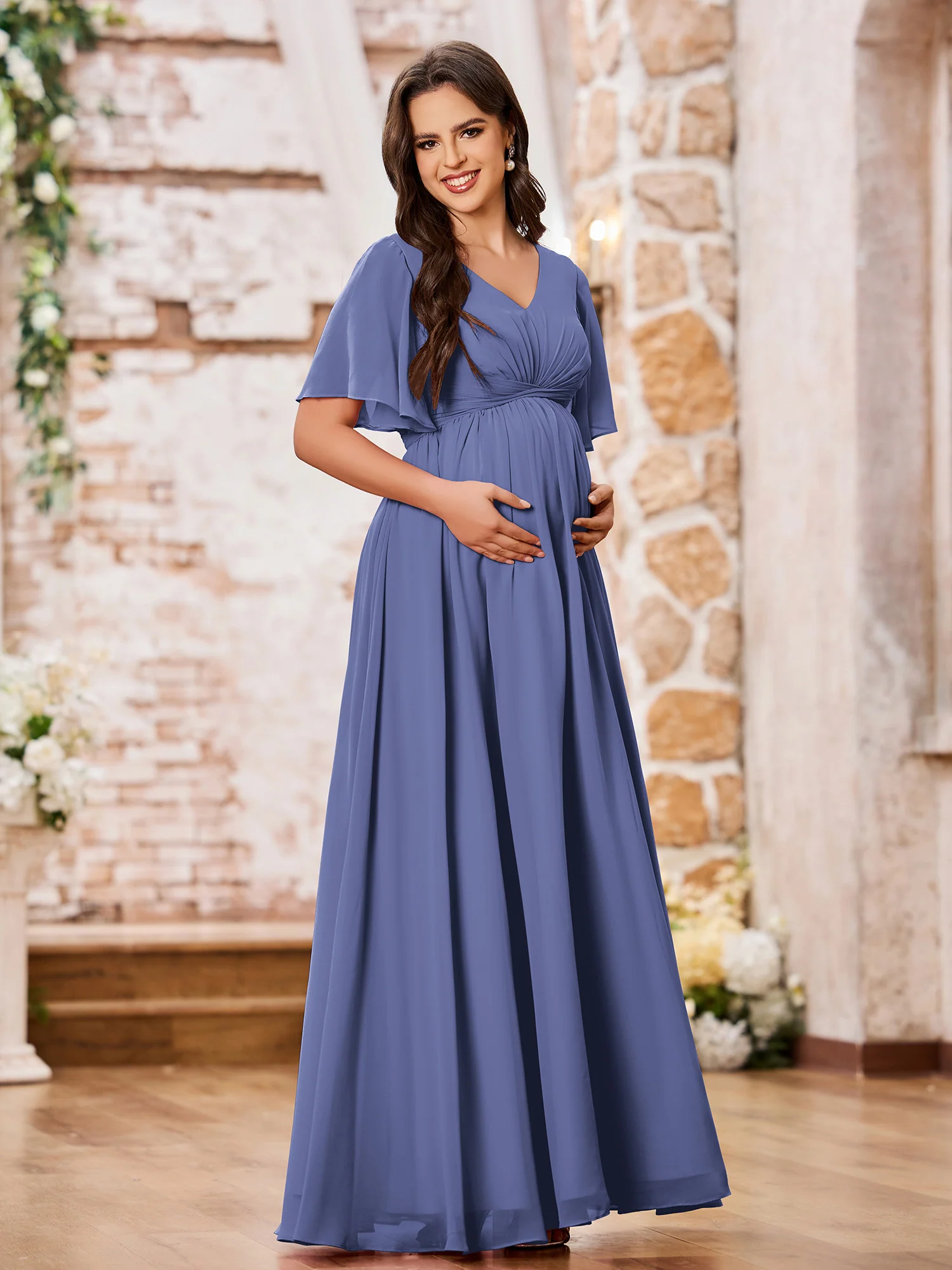 A-line V-neck Cap Sleeves Empire Chiffon Maxi Dresses Periwinkle - Image 3