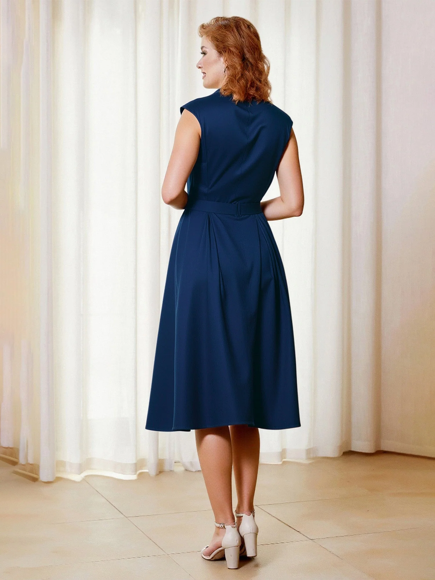 A-Line V-neck Cap Sleeves Knee-length Dress With Bow Jade - Image 2