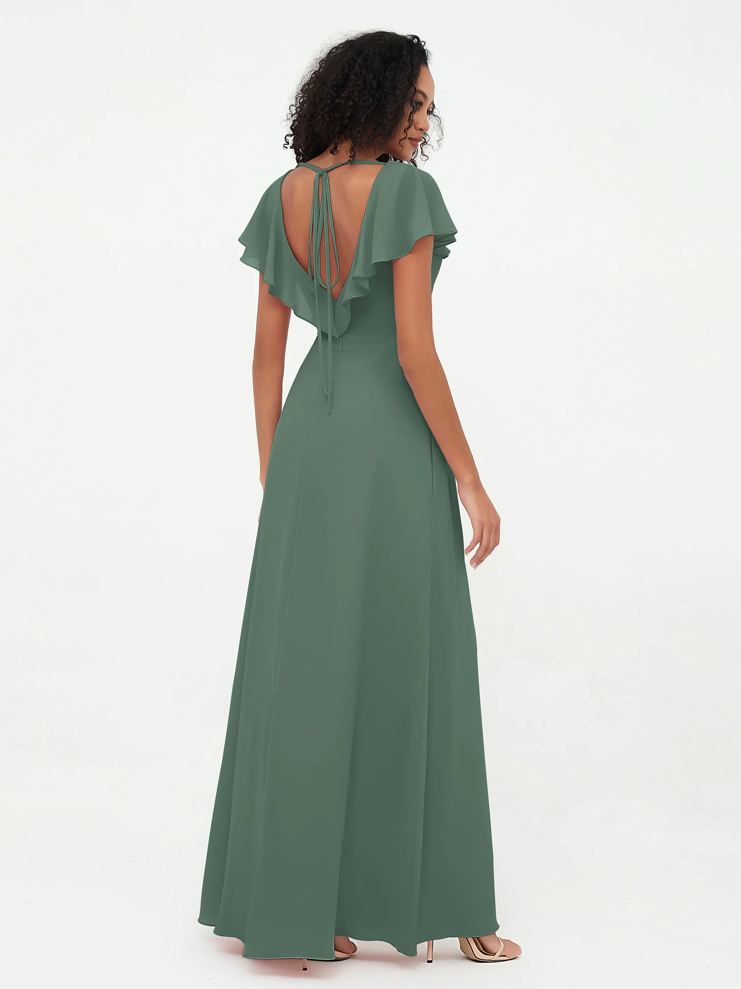 A-line V-neck Chiffon Dresses with Pockets-Eucalyptus - Image 2