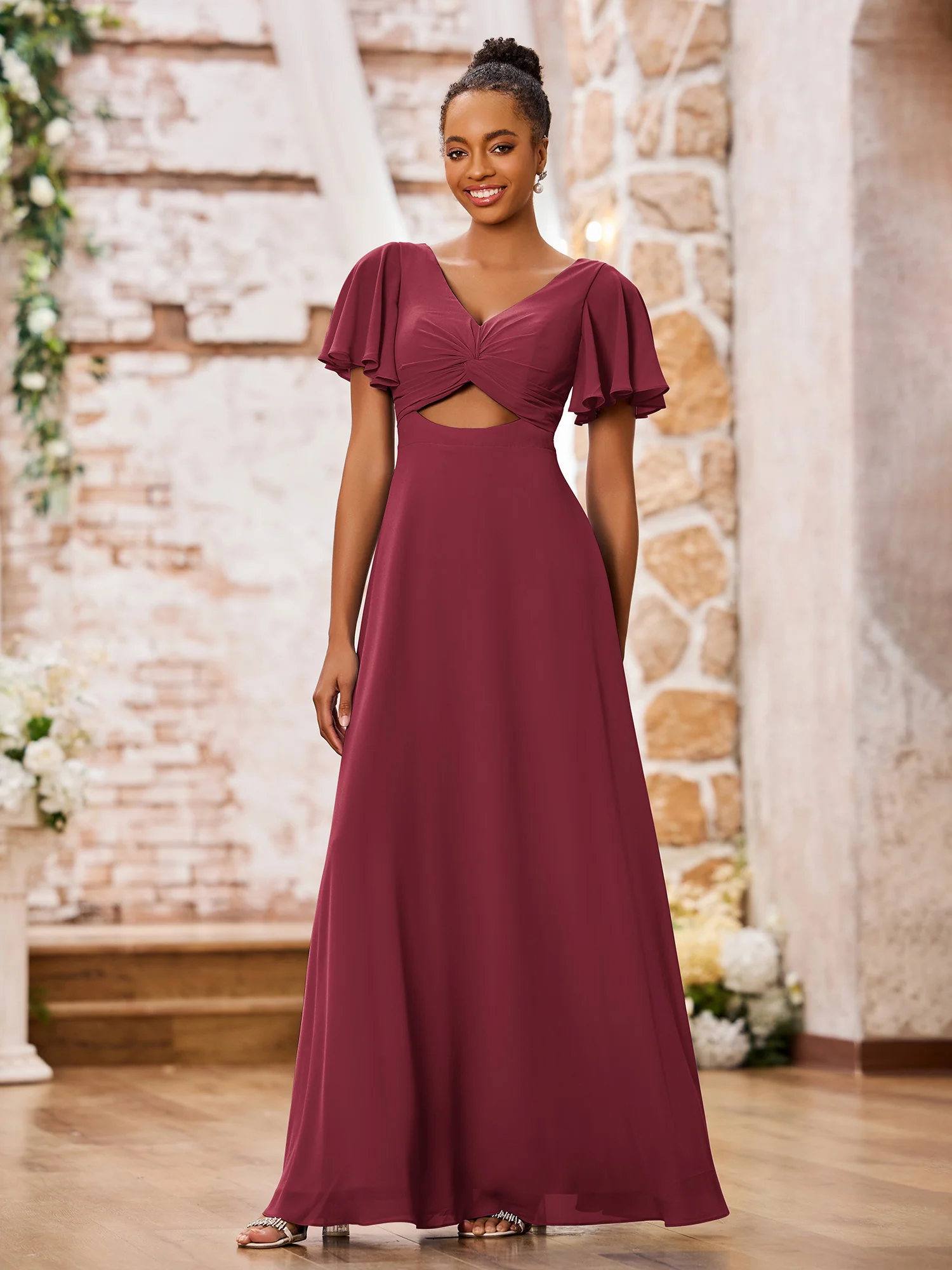 A-line V-neck Chiffon Long Dresses with Cap Sleeves Cinnamon Rose