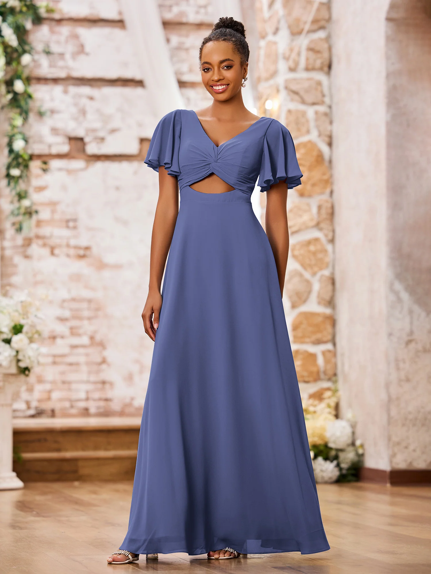 A-line V-neck Chiffon Long Dresses with Cap Sleeves Periwinkle