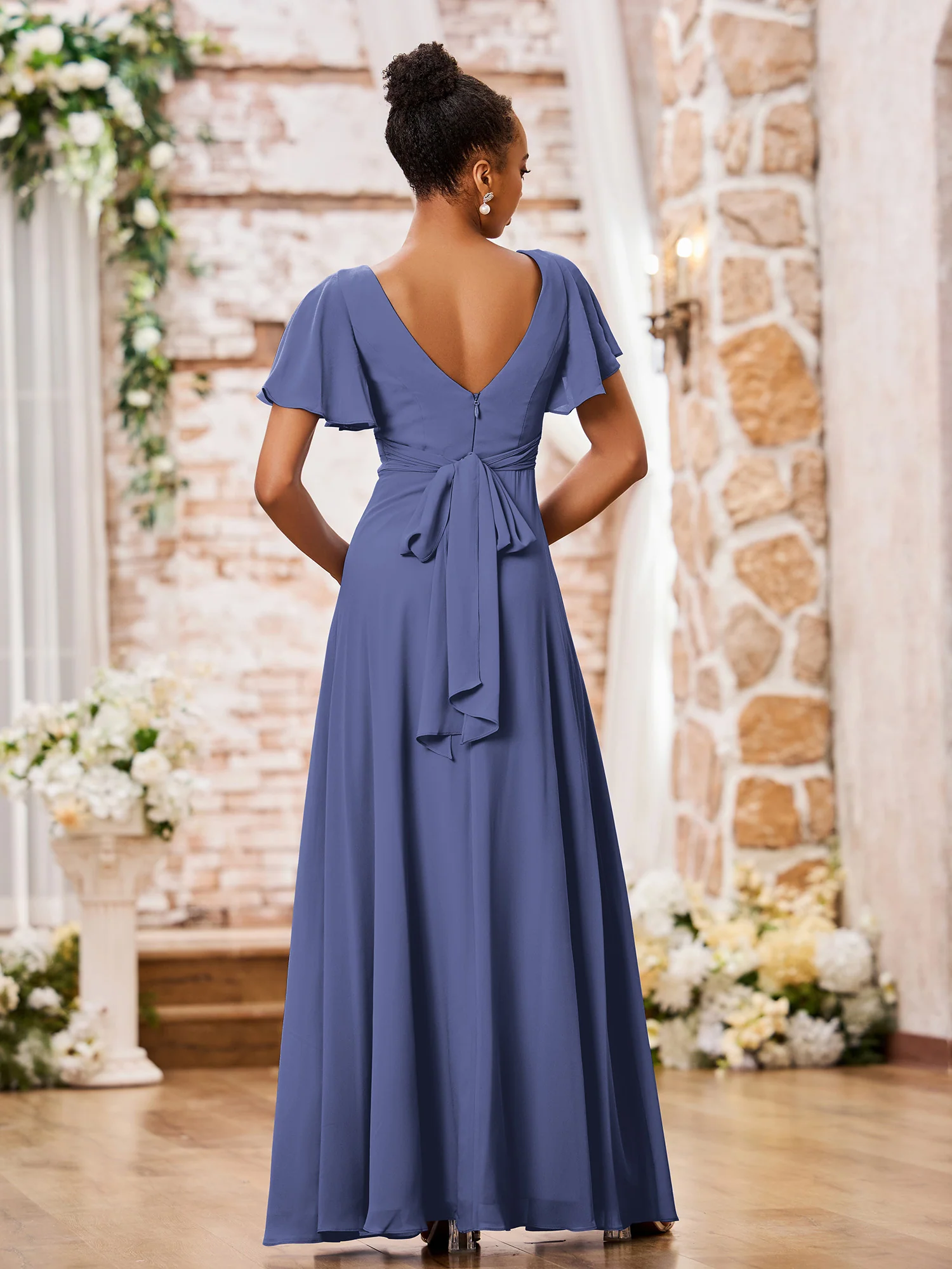 A-line V-neck Chiffon Long Dresses with Cap Sleeves Periwinkle - Image 2