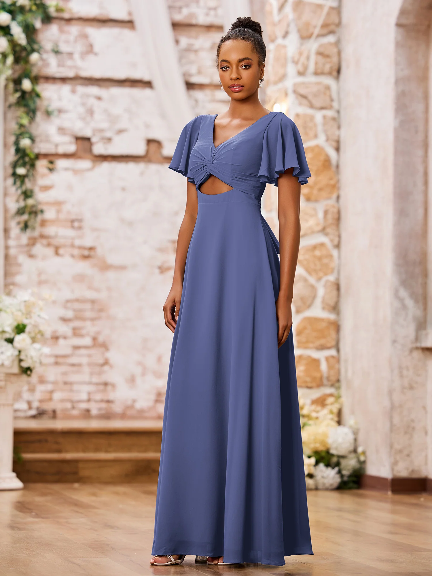 A-line V-neck Chiffon Long Dresses with Cap Sleeves Periwinkle - Image 3