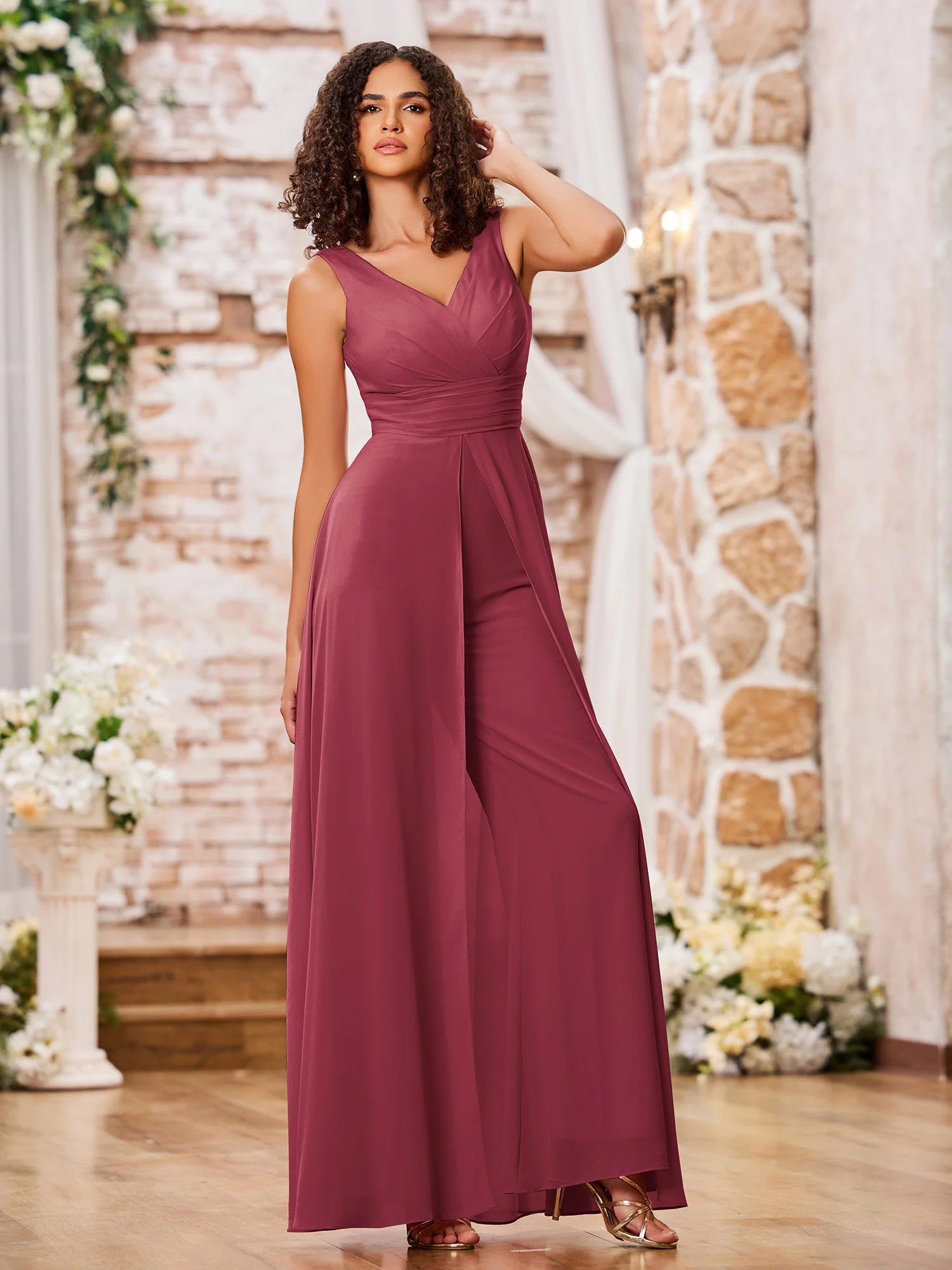A-line V-neck Chiffon Long Dresses with Jumpsuit Cinnamon Rose