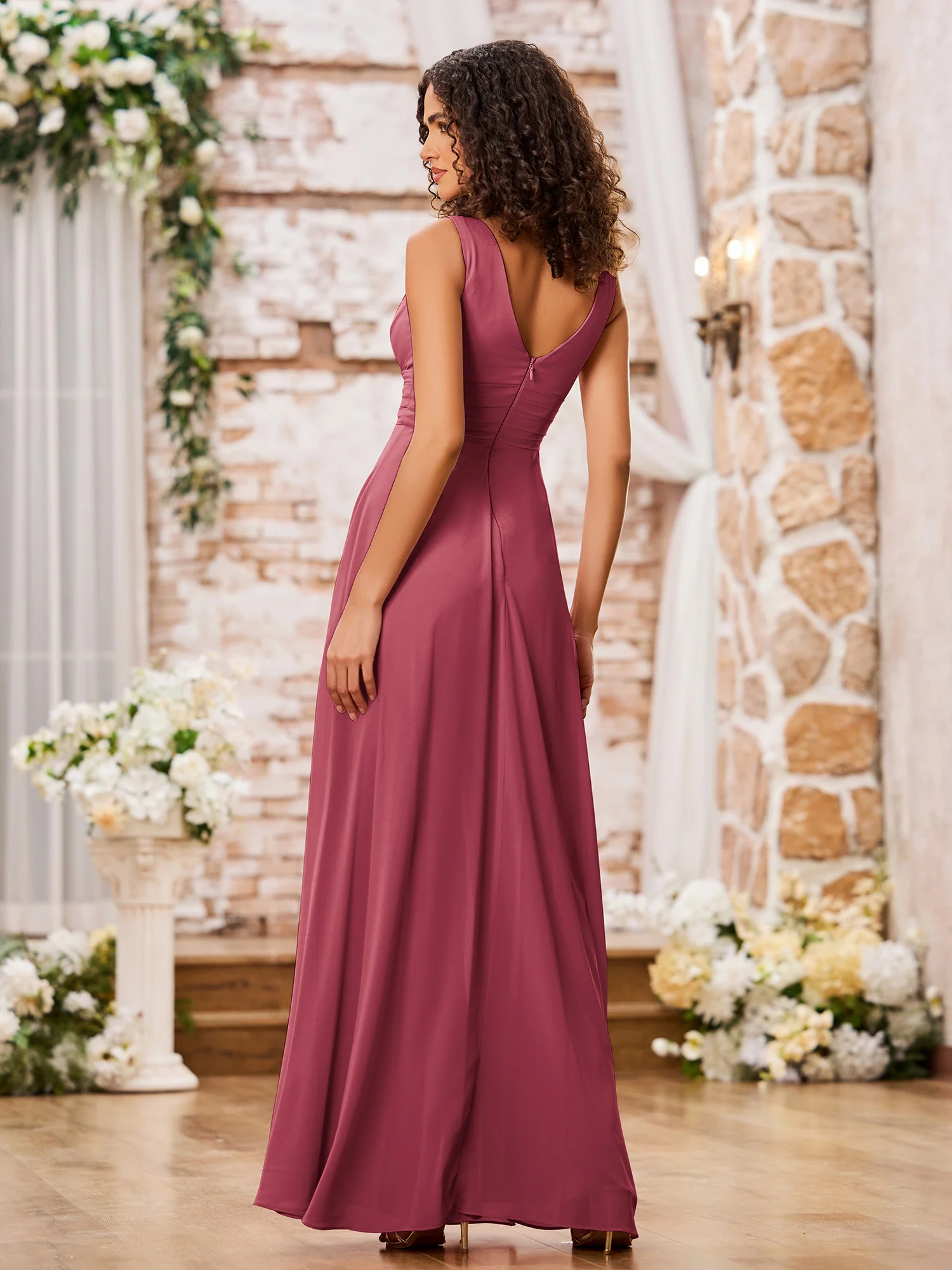 A-line V-neck Chiffon Long Dresses with Jumpsuit Cinnamon Rose - Image 2