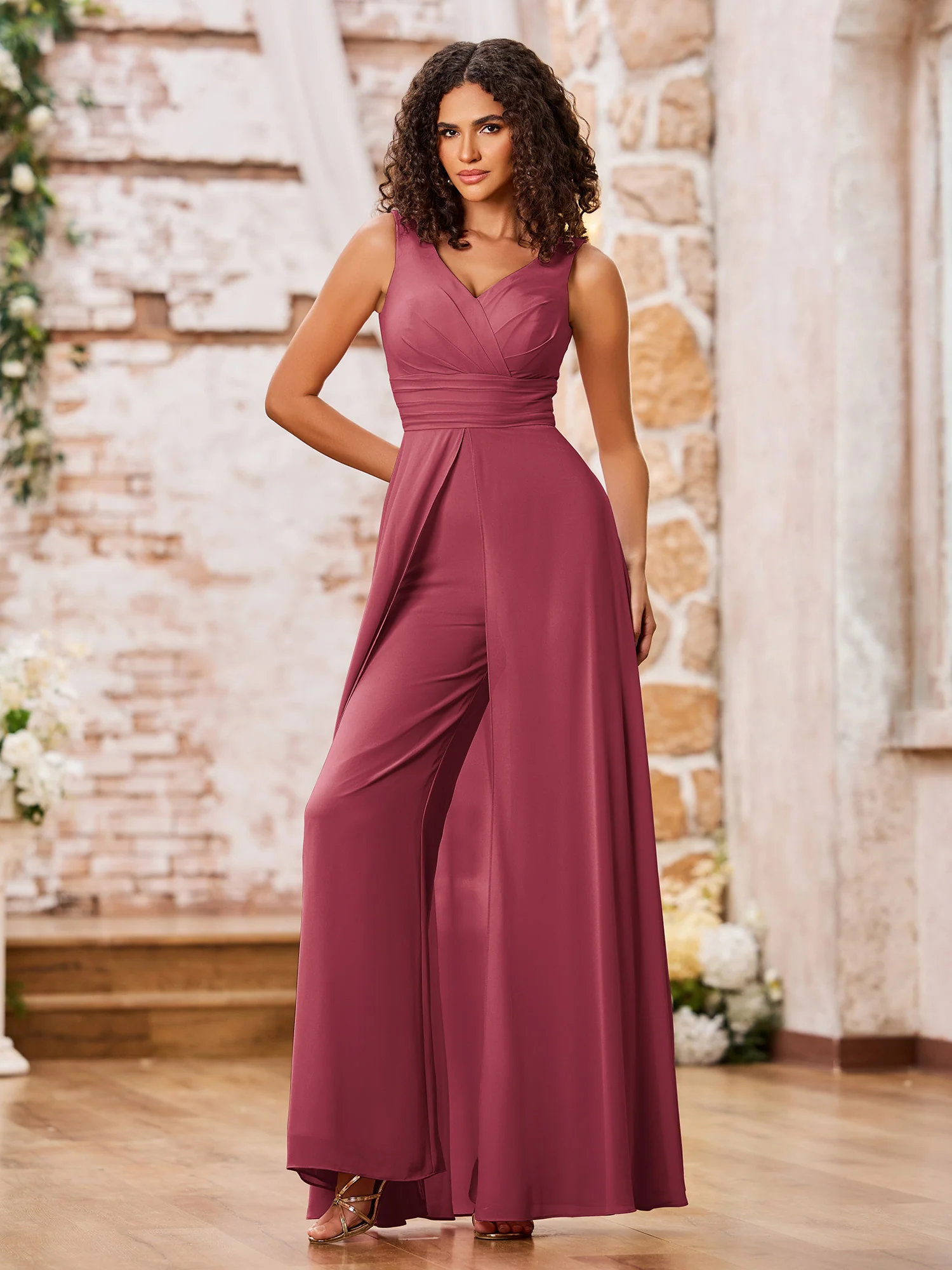 A-line V-neck Chiffon Long Dresses with Jumpsuit Cinnamon Rose - Image 3