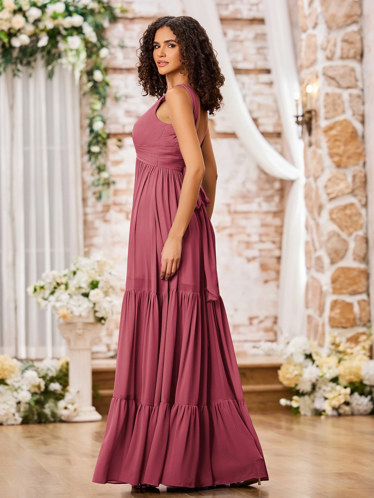 A-line V-neck Cross Pleated Tiered Bohemian Dresses Cinnamon Rose - Image 3
