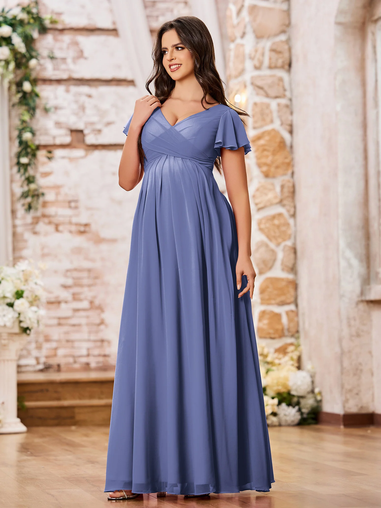 A-line V-neck Empire Chiffon Long Dresses with Cap Sleeves Periwinkle - Image 3