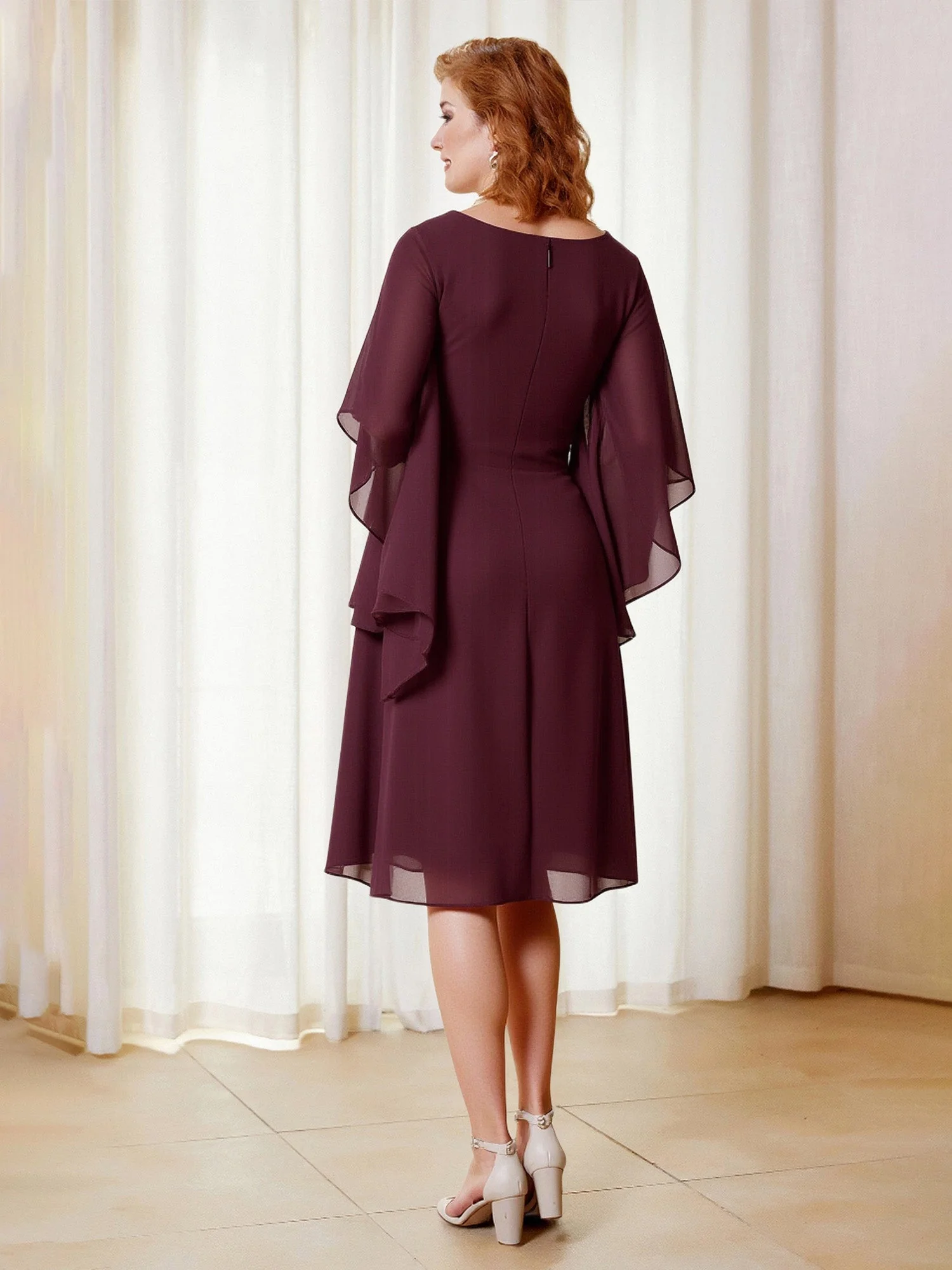 A-Line V-neck Flutter Sleeves Chiffon Knee-Length Dress Dusty Blue - Image 2