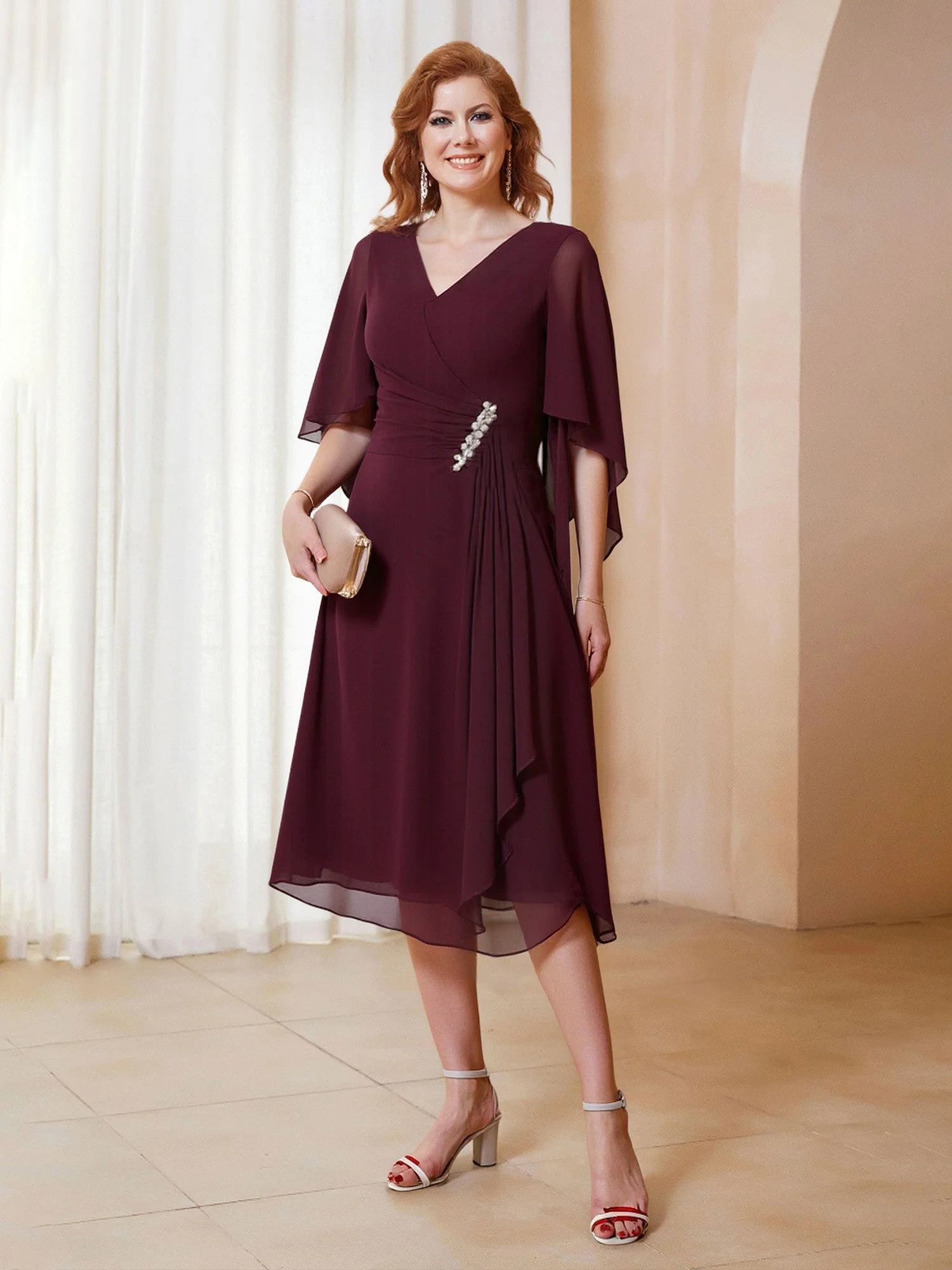 A-Line V-neck Flutter Sleeves Chiffon Knee-Length Dress Wisteria