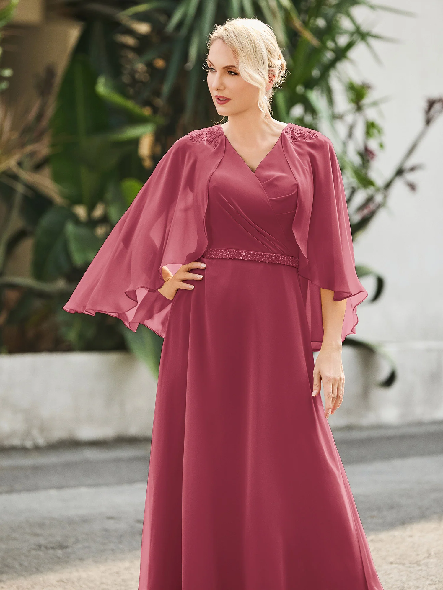 A-line V-neck Flutter Sleeves Dress with Beaded Cinnamon Rose