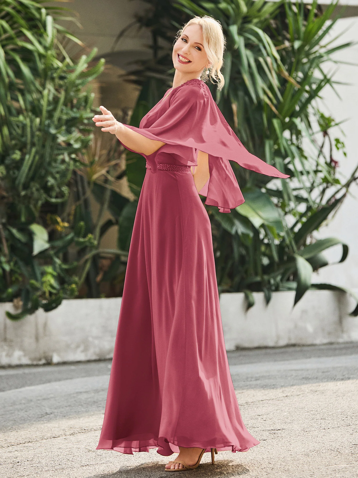 A-line V-neck Flutter Sleeves Dress with Beaded Cinnamon Rose - Image 3