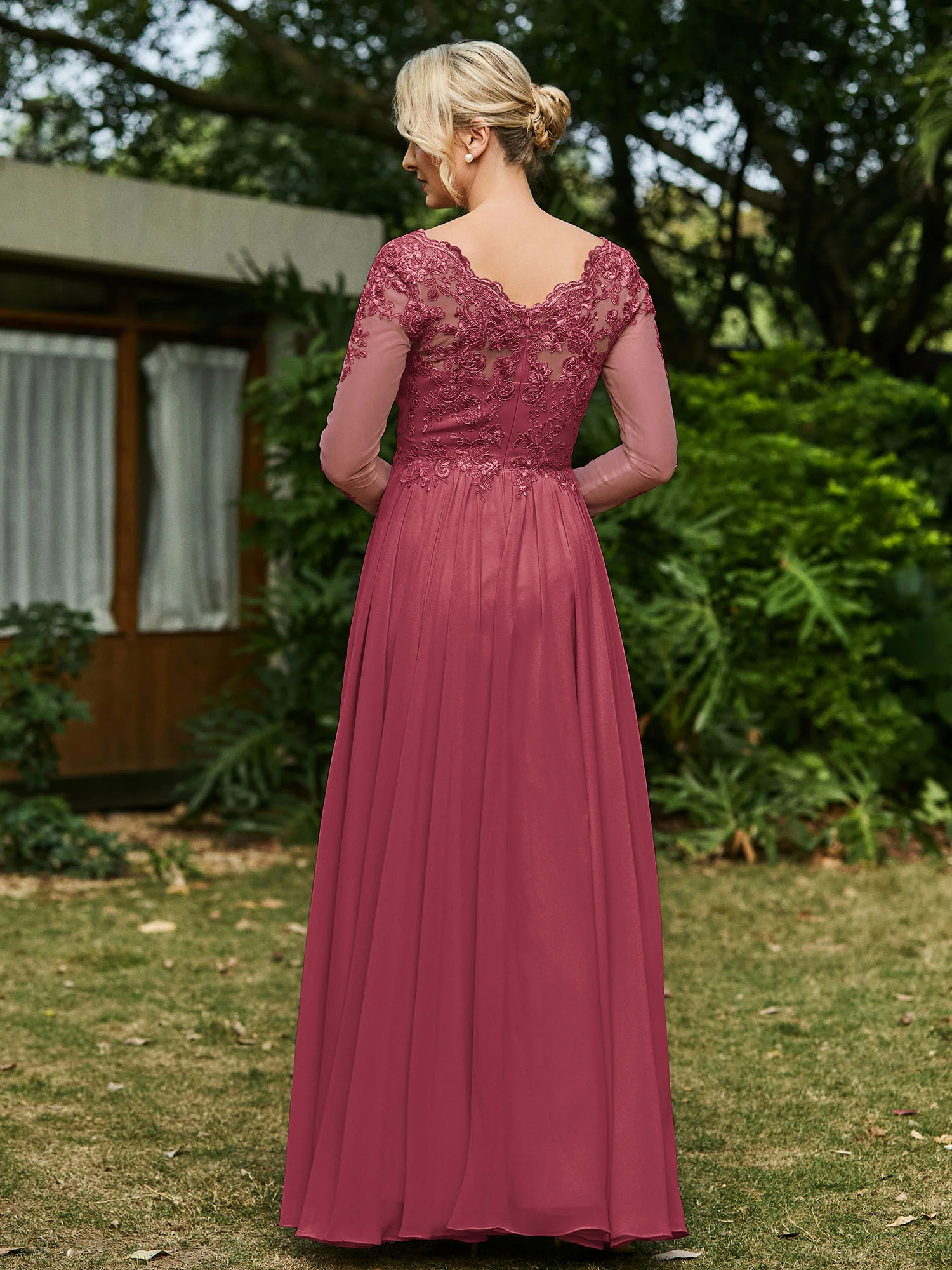 A-line V-neck Lace Appliqued Floor-length Dress Cinnamon Rose - Image 2