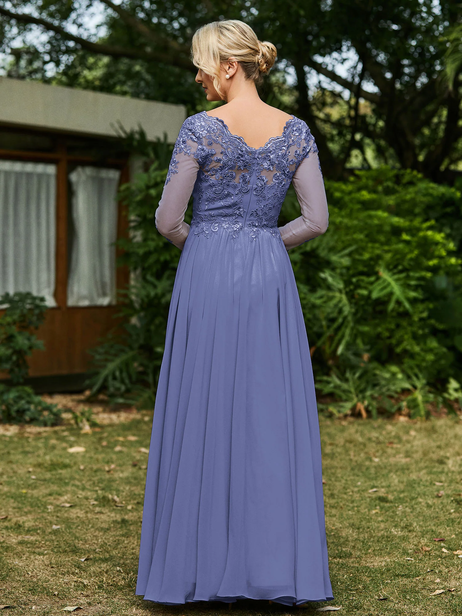 A-line V-neck Lace Appliqued Floor-length Dress Periwinkle - Image 2