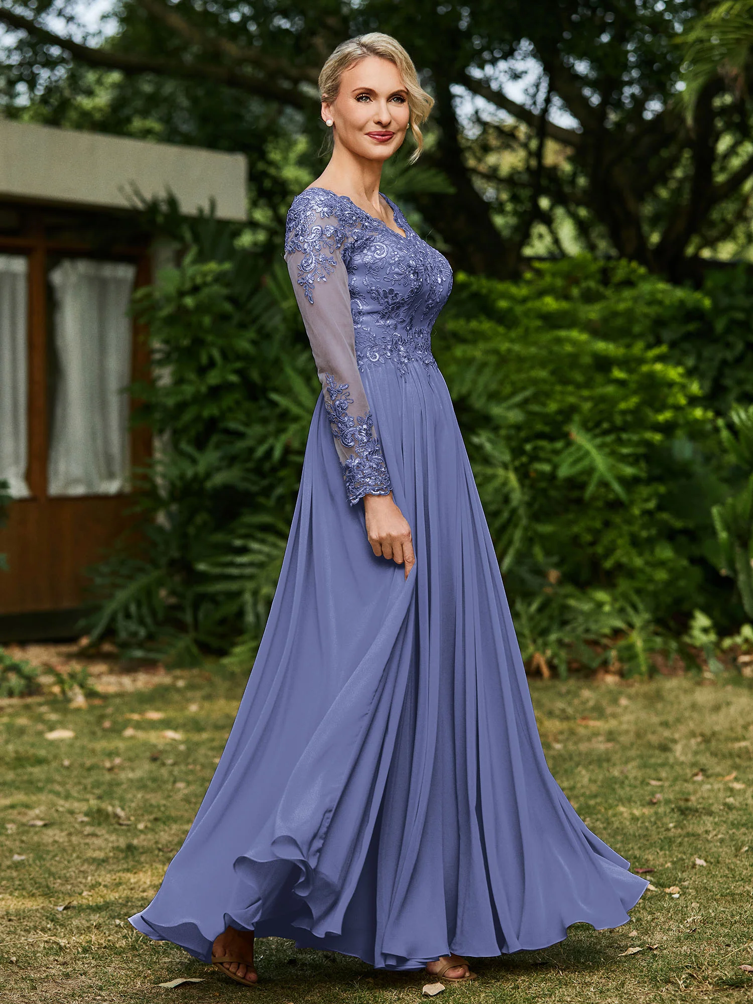 A-line V-neck Lace Appliqued Floor-length Dress Periwinkle - Image 3