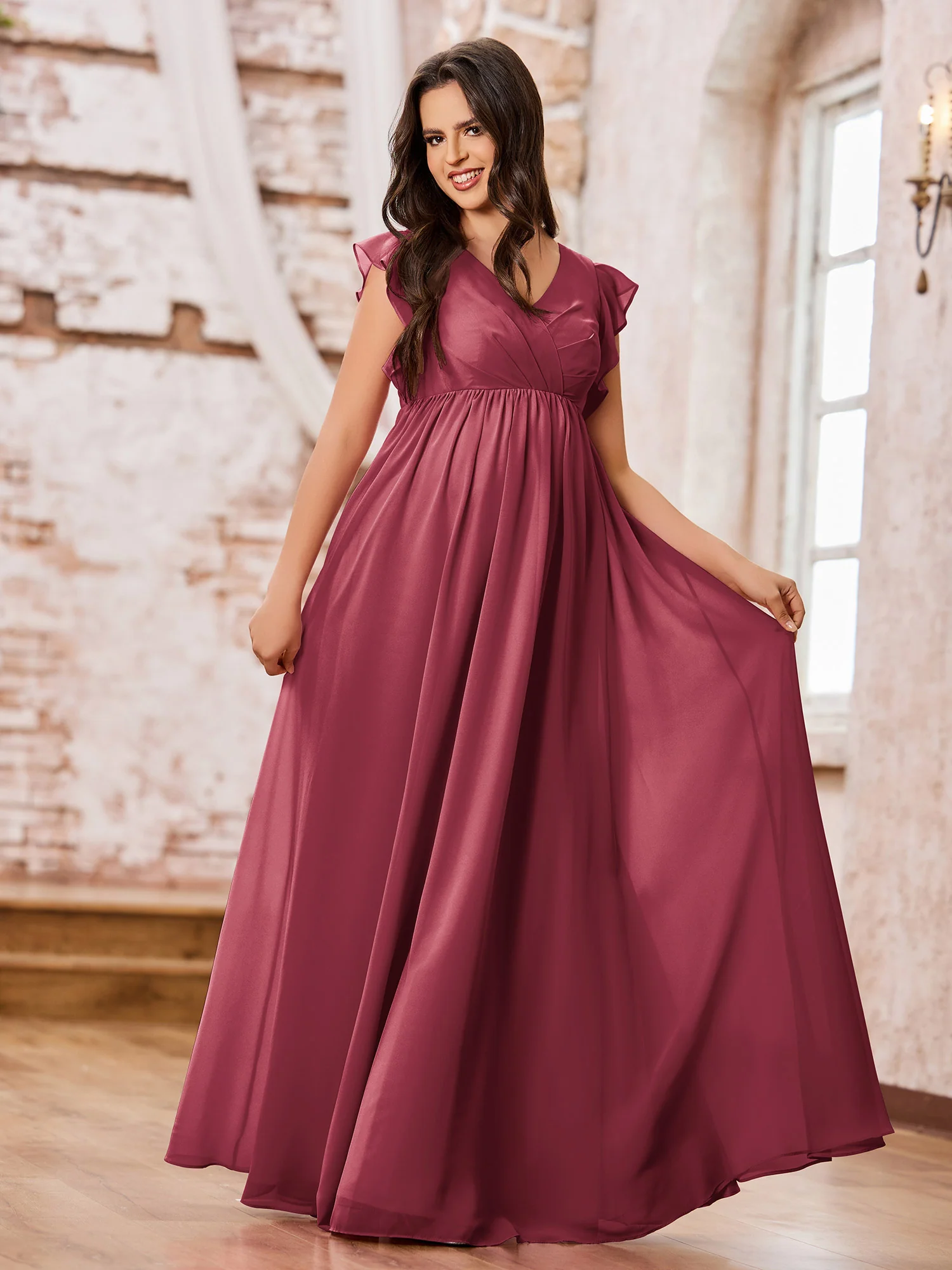 A-line V-neck Long Chiffon Empire Bridesmaid Dresses Cinnamon Rose