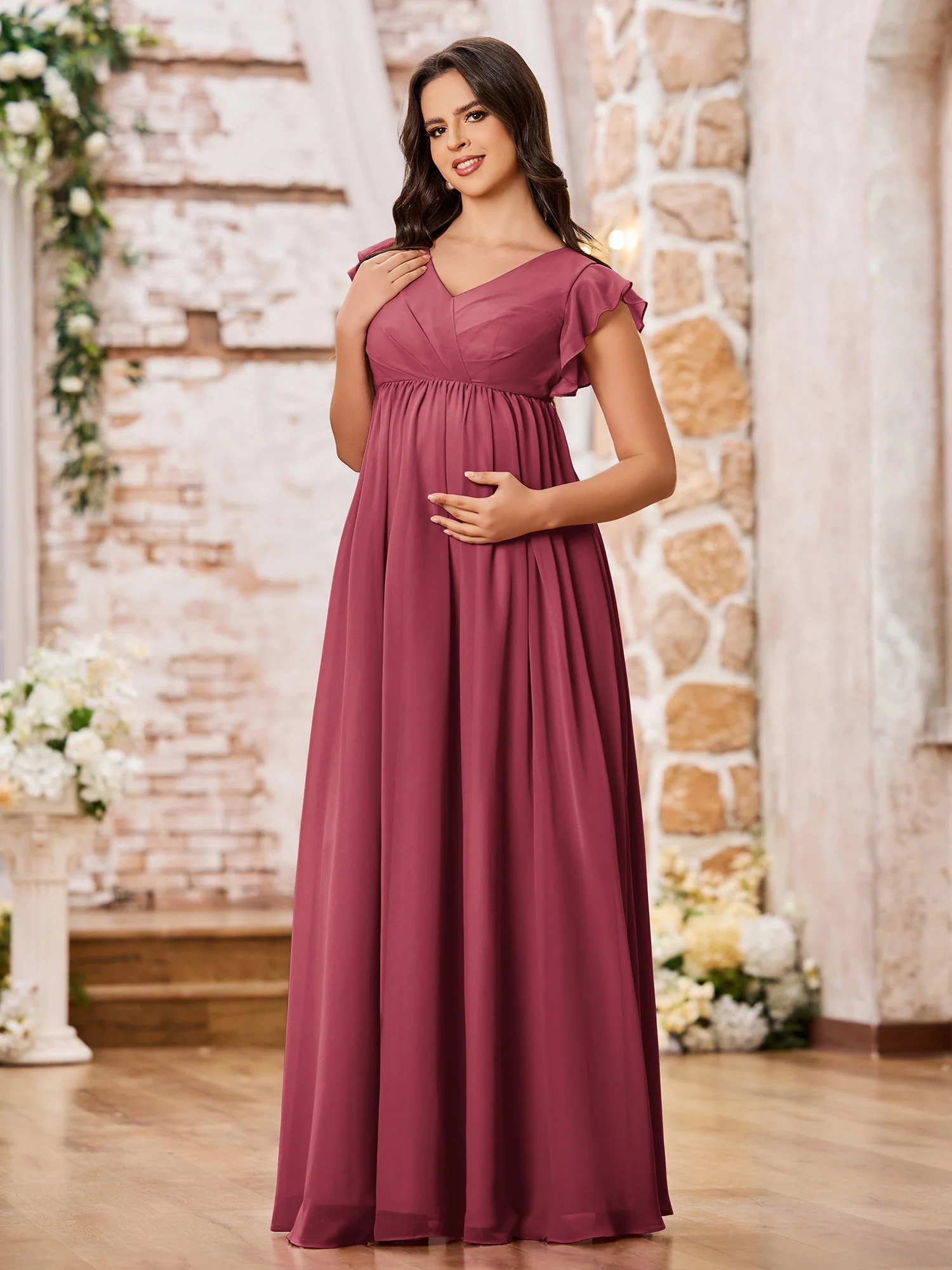 A-line V-neck Long Chiffon Empire Bridesmaid Dresses Cinnamon Rose - Image 3