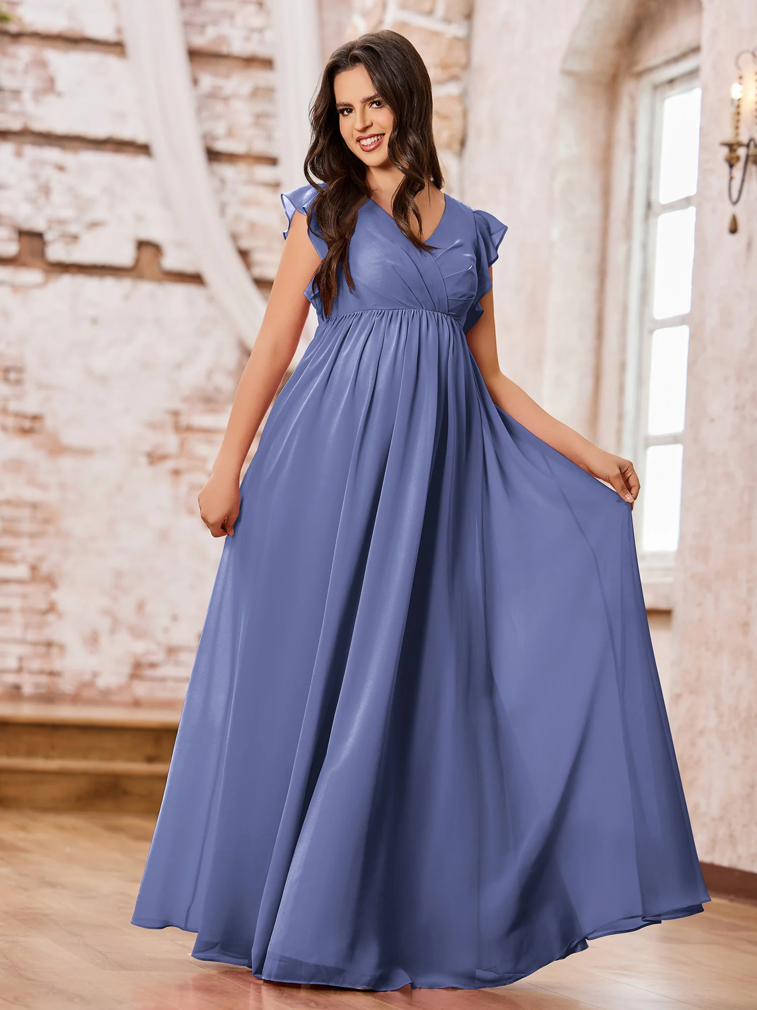 A-line V-neck Long Chiffon Empire Bridesmaid Dresses Periwinkle