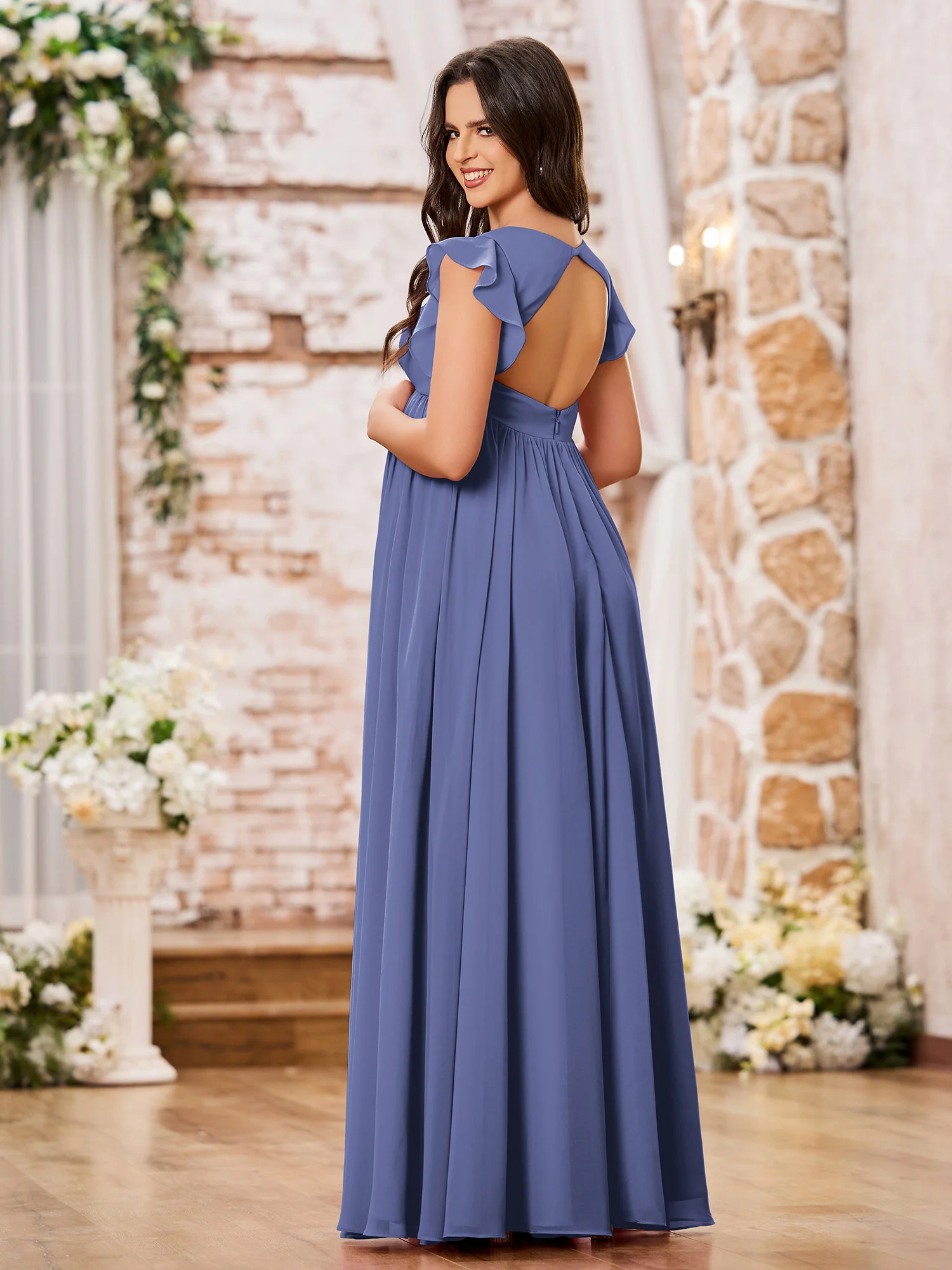 A-line V-neck Long Chiffon Empire Bridesmaid Dresses Periwinkle - Image 2