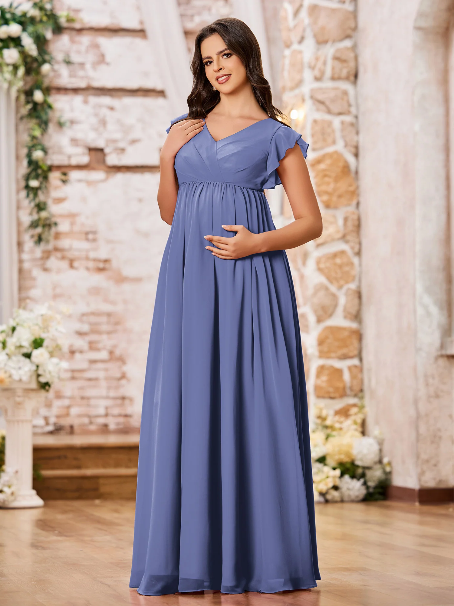 A-line V-neck Long Chiffon Empire Bridesmaid Dresses Periwinkle - Image 3