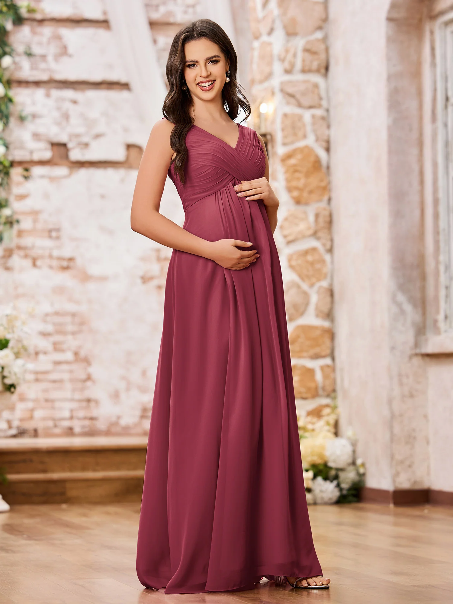 A-line V-neck Long Chiffon Empire Waistline Dresses Cinnamon Rose - Image 2