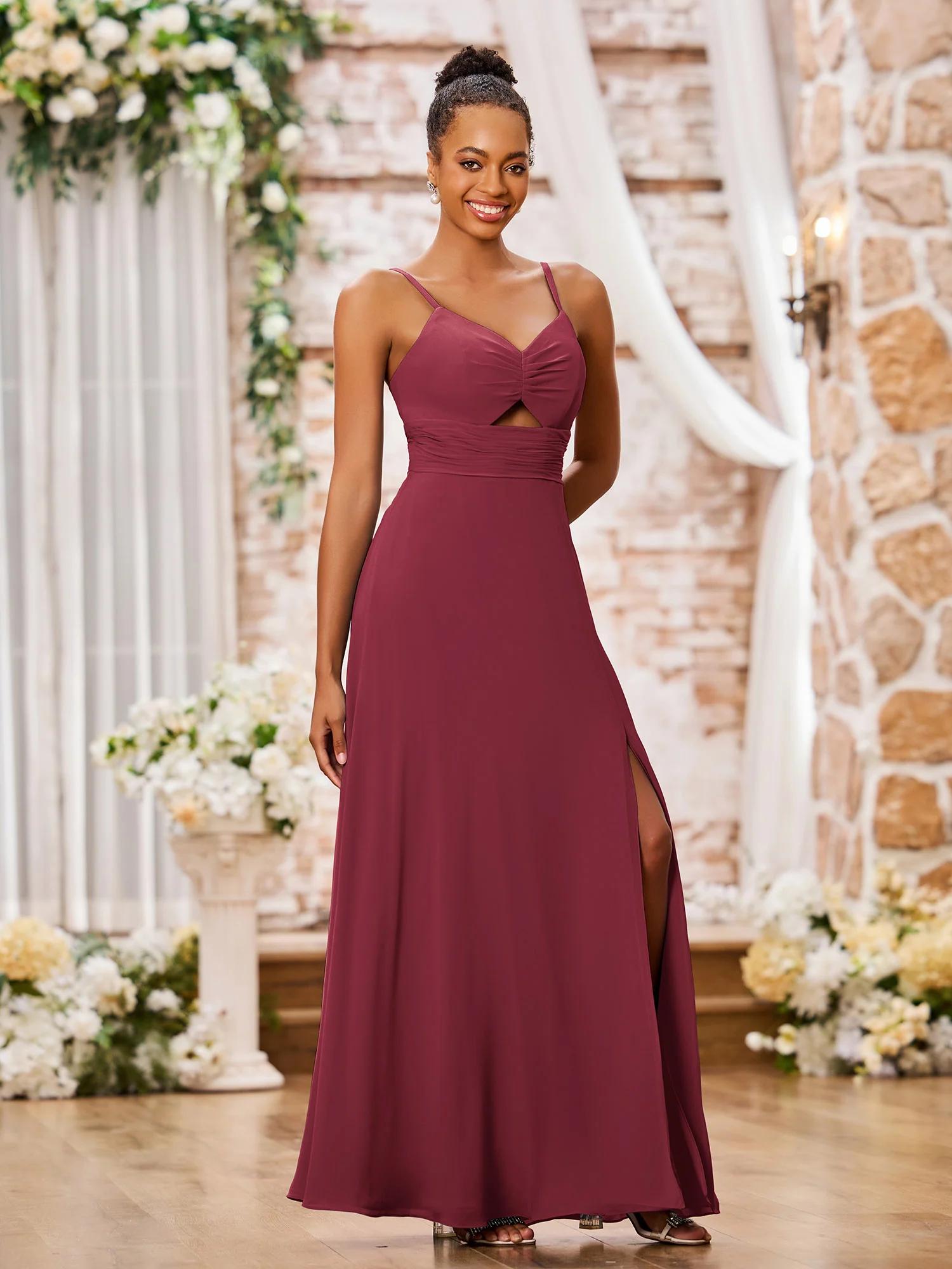 A-line V-neck Long Chiffon Empire Waistline Dresses Cinnamon Rose - Image 3