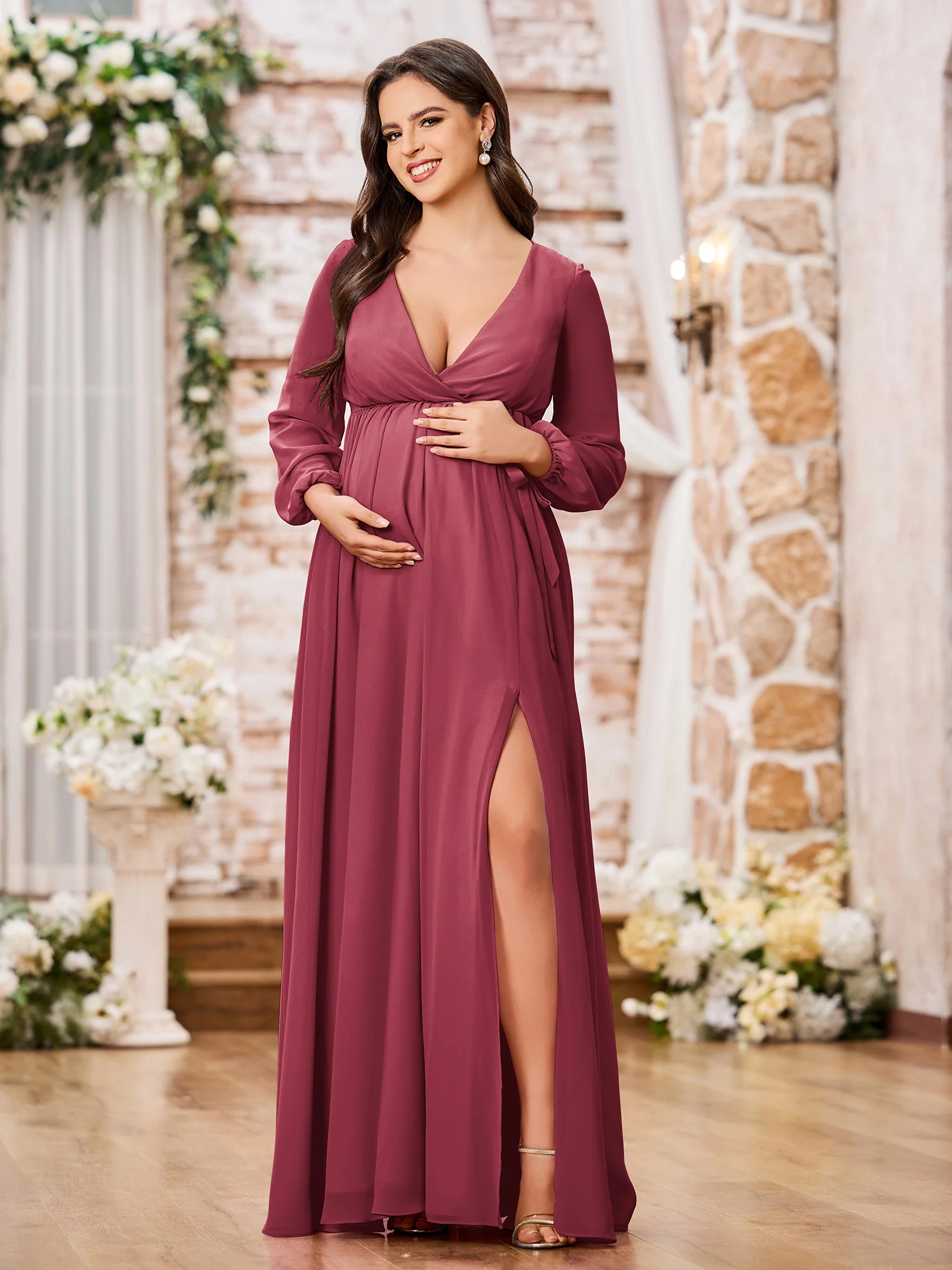 A-line V-neck Long Sleeves Chiffon Dresses with Slit Cinnamon Rose