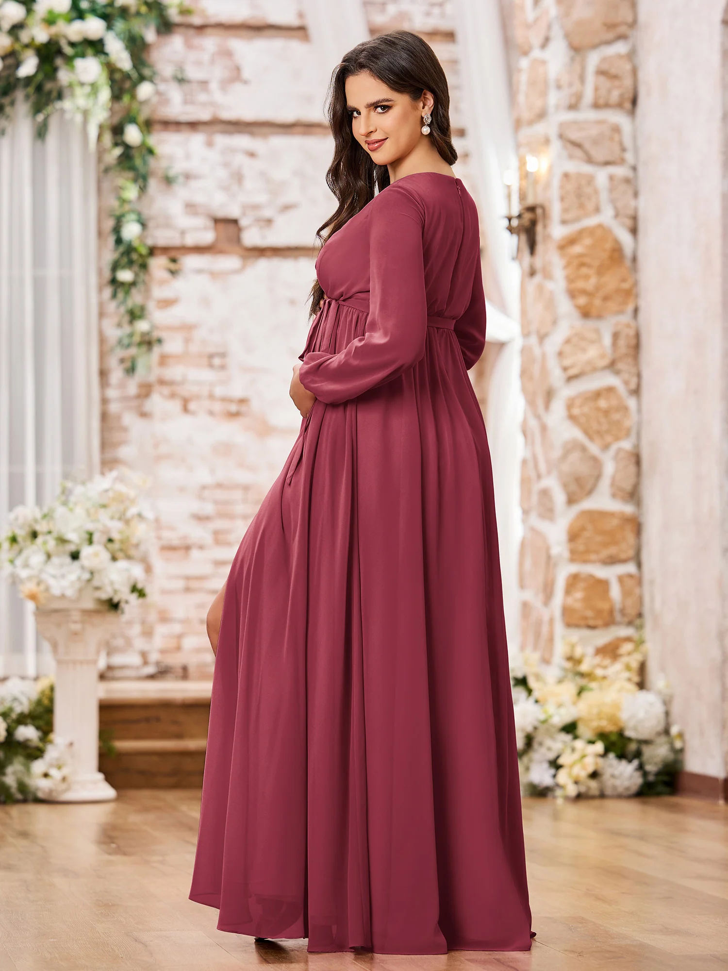 A-line V-neck Long Sleeves Chiffon Dresses with Slit Cinnamon Rose - Image 2