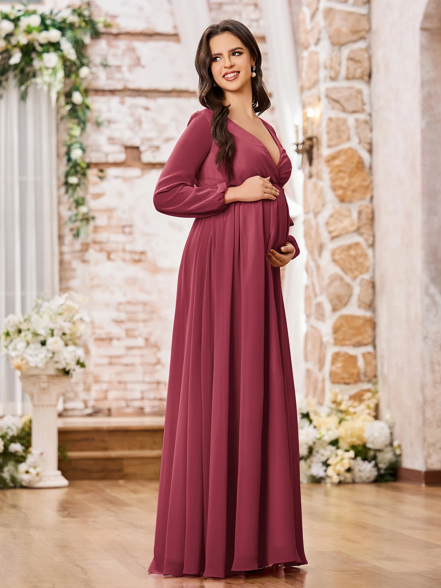 A-line V-neck Long Sleeves Chiffon Dresses with Slit Cinnamon Rose - Image 3