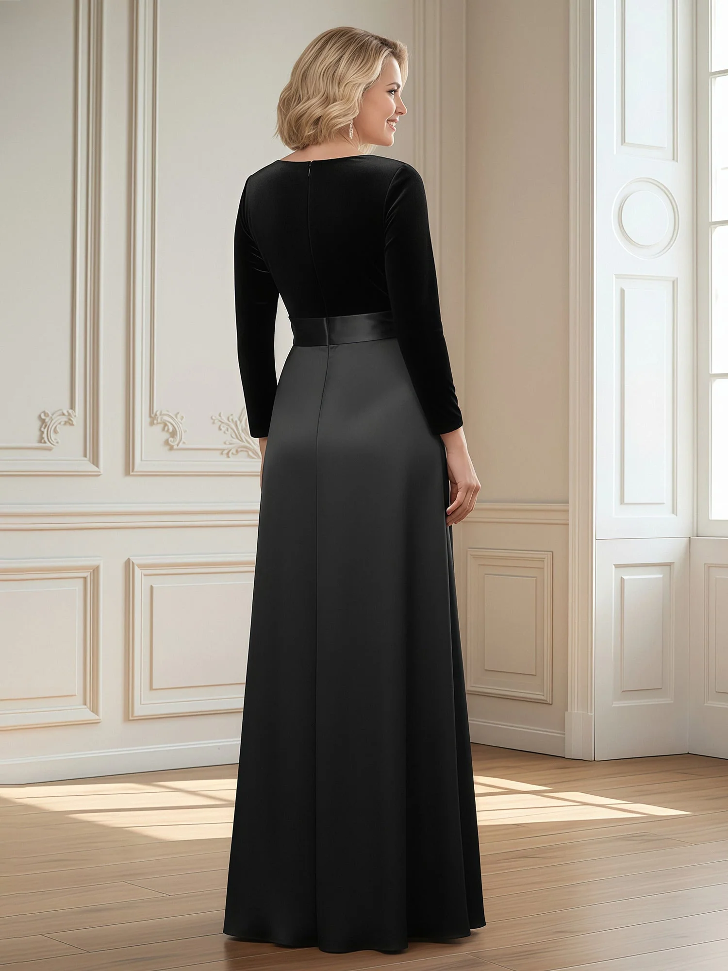 A-Line V-neck Long Velvet Satin Dress With Slit Peach - Image 2